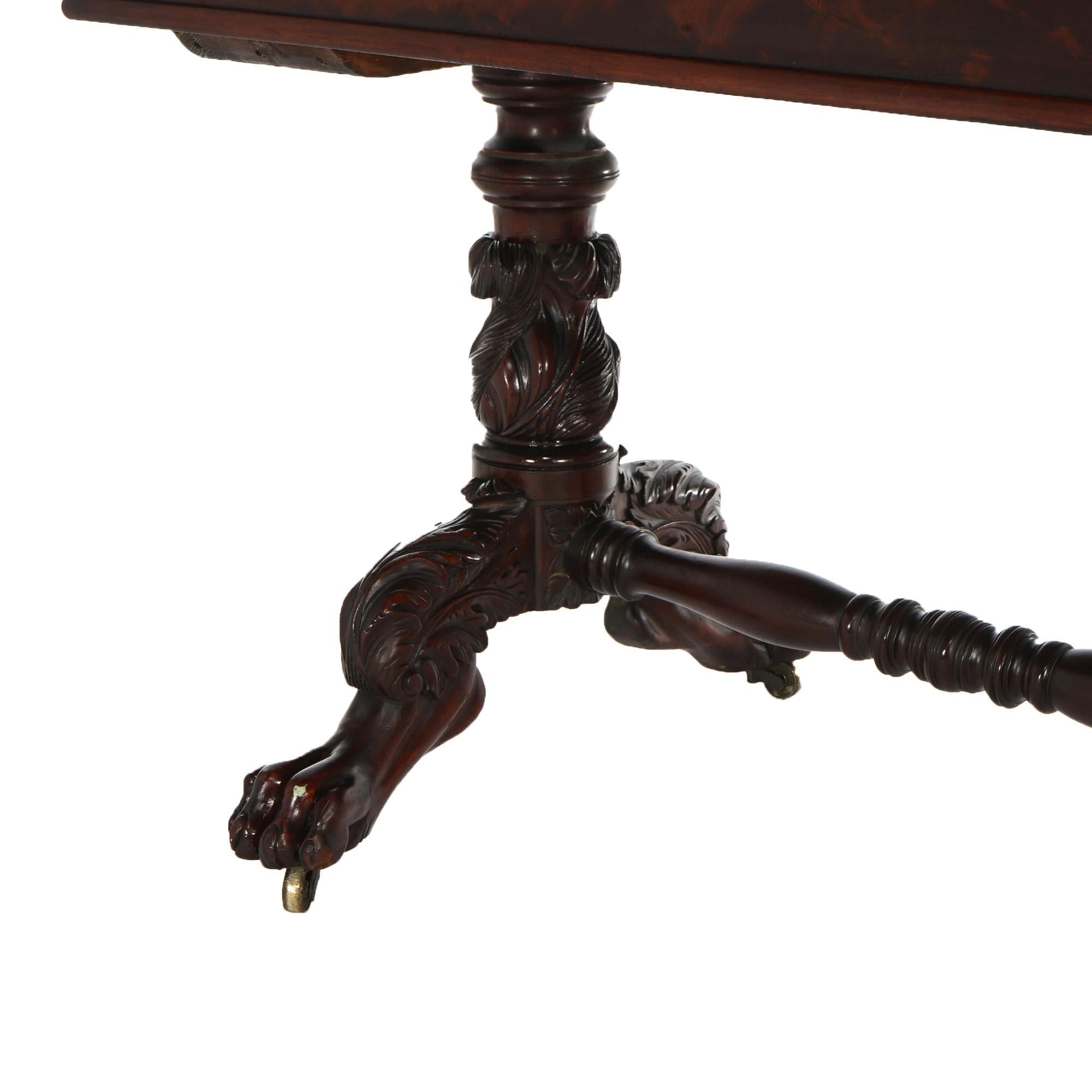 Antique American Empire Flame Mahogany Sofa Table, Carved Acanthus & Paws, C1840 For Sale 1