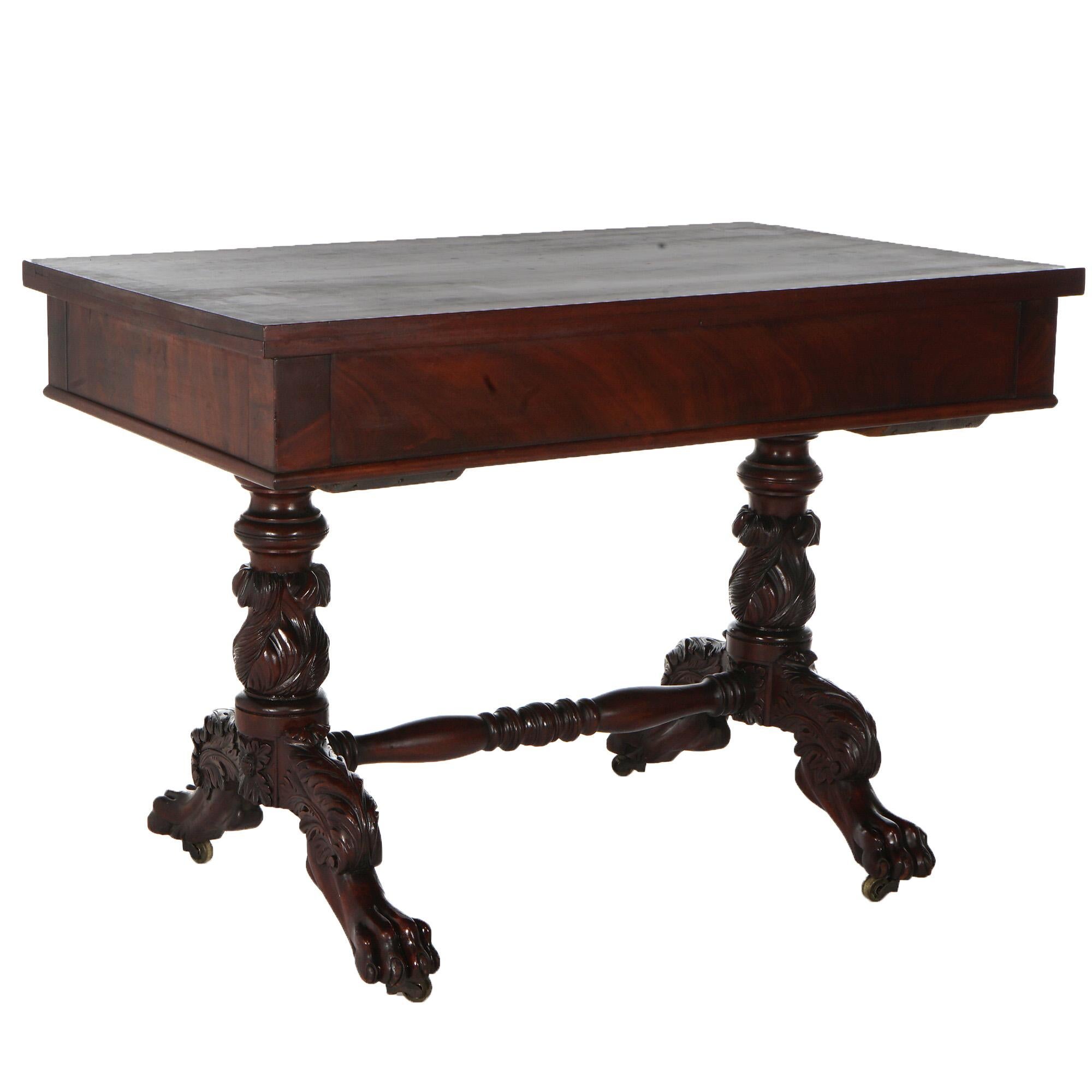 Antique American Empire Flame Mahogany Sofa Table, Carved Acanthus & Paws, C1840 For Sale 2