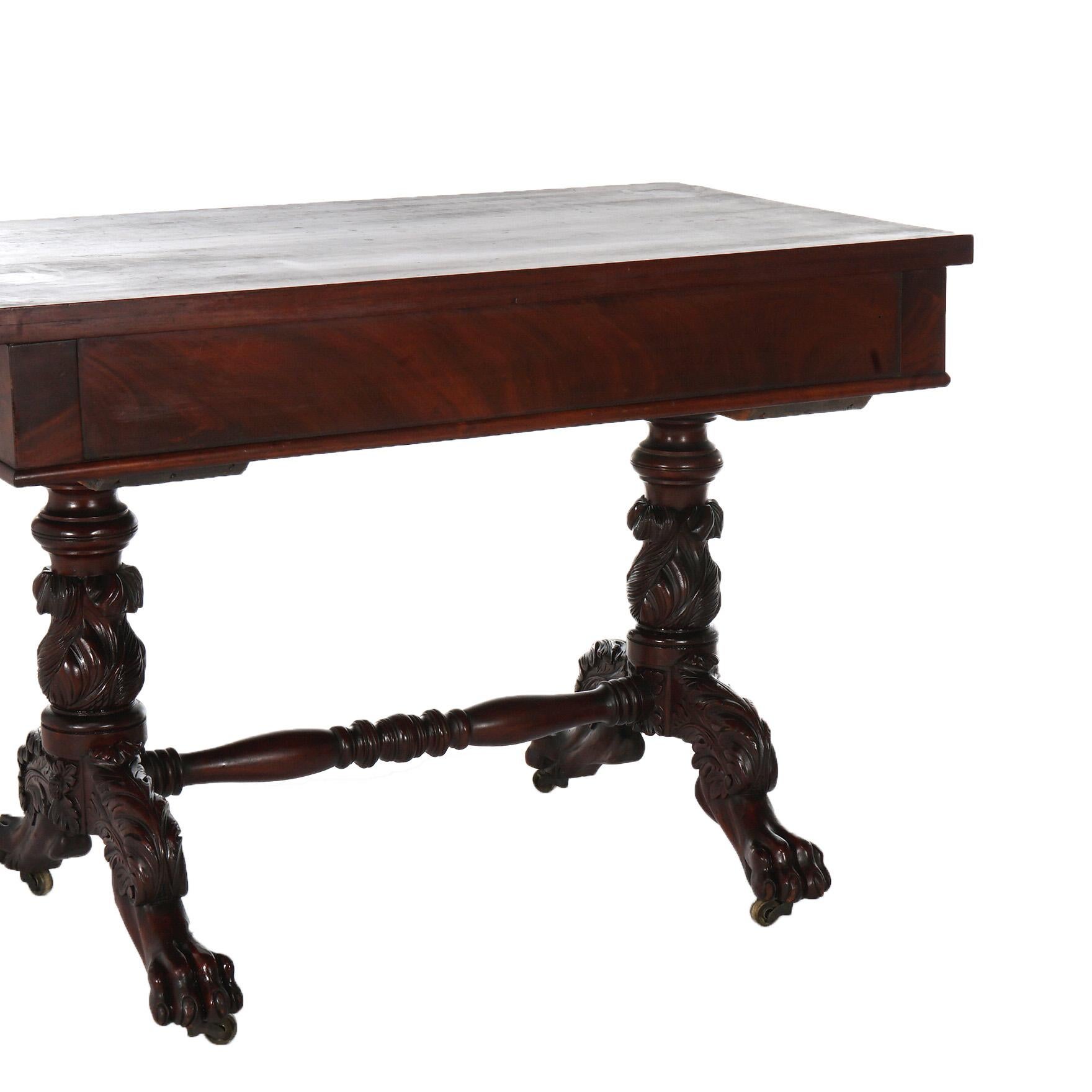 Antique American Empire Flame Mahogany Sofa Table, Carved Acanthus & Paws, C1840 For Sale 3