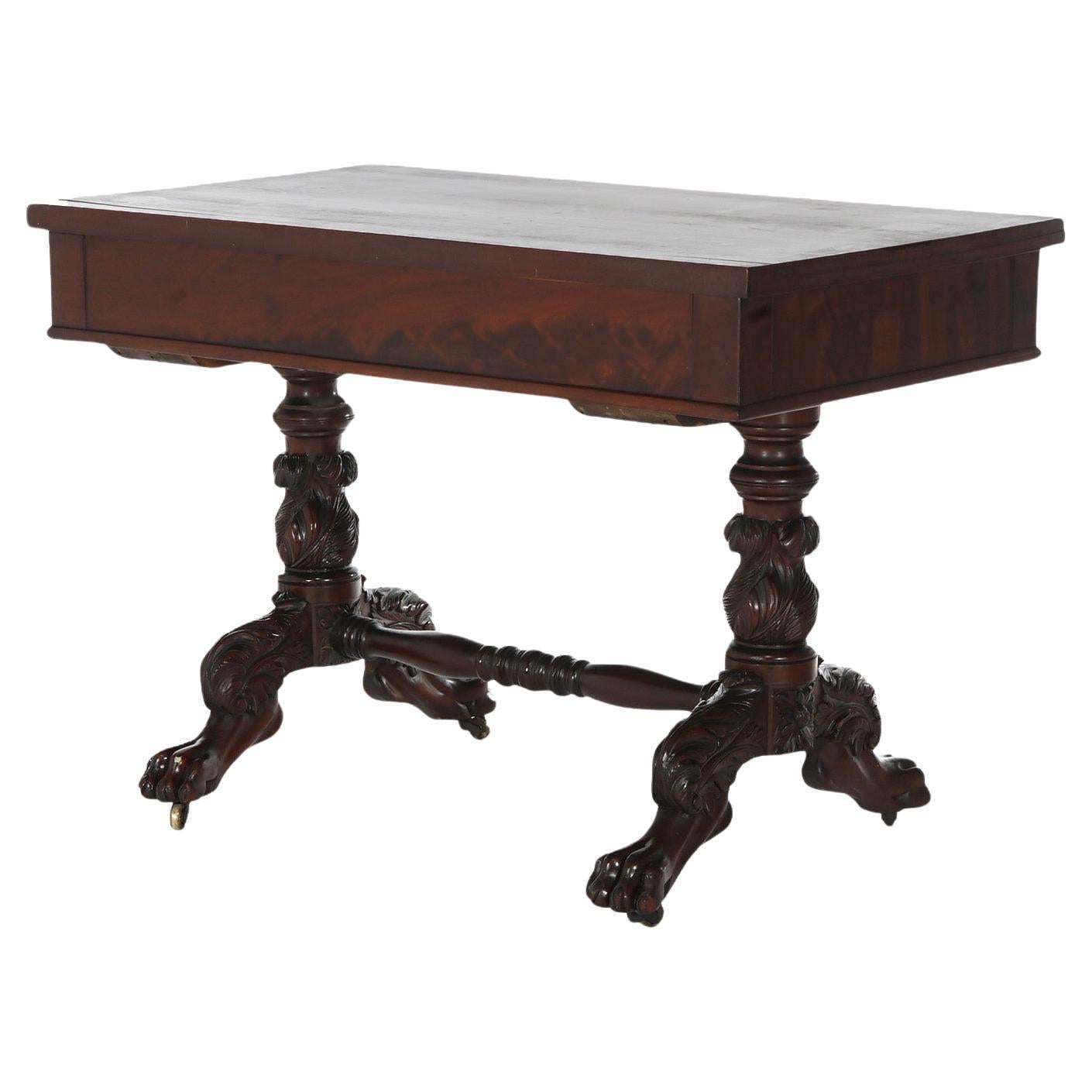 Antique American Empire Flame Mahogany Sofa Table, Carved Acanthus & Paws, C1840 For Sale