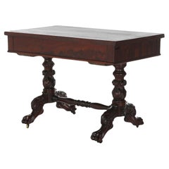 Used American Empire Flame Mahogany Sofa Table, Carved Acanthus & Paws, C1840