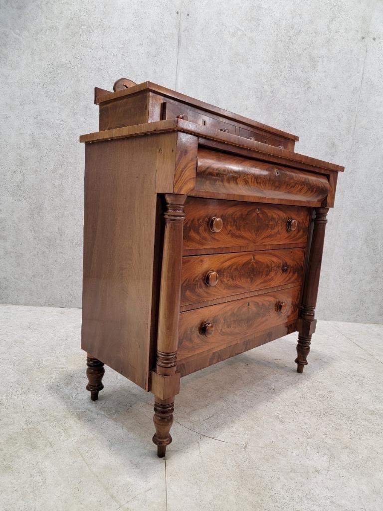 19th Century Antique American Empire Flame Mahogany Step Back Chest of Drawers For Sale