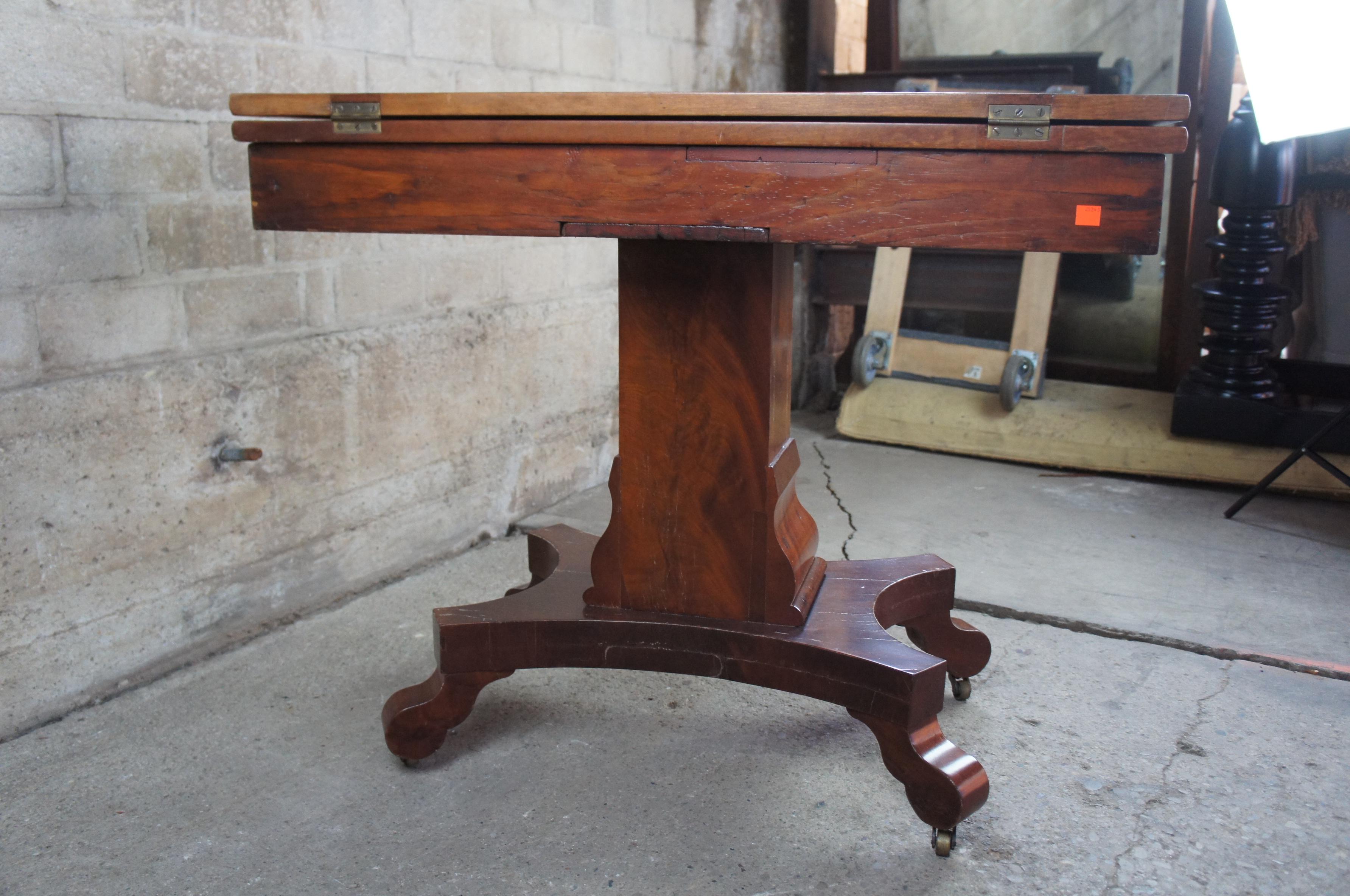 Antique American Empire Flame Mahogany Swivel Console Game Table Card Entryway 3