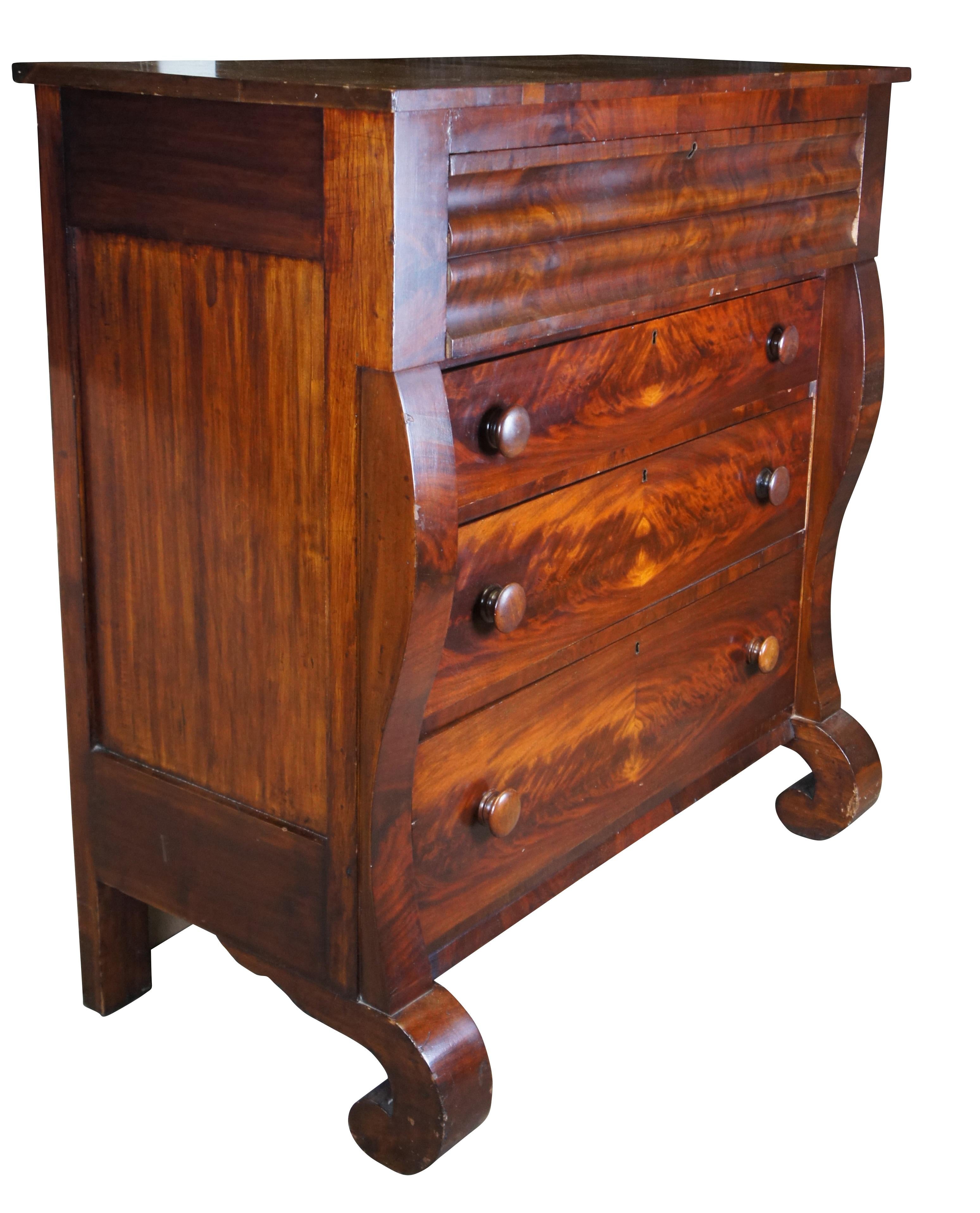 Antique American Empire Flame Mahogany Tallboy Dresser Chest of Drawers In Fair Condition For Sale In Dayton, OH