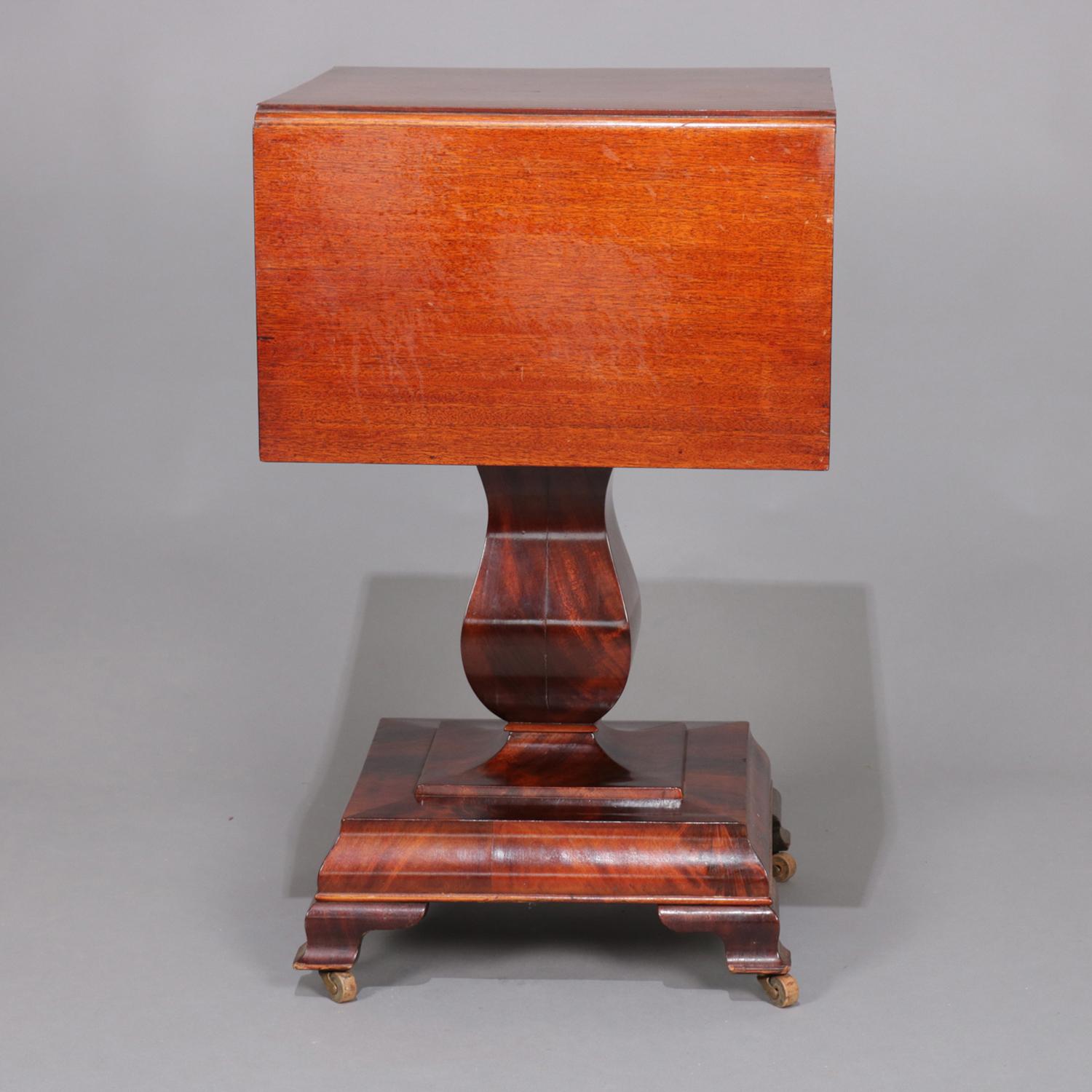 19th Century Antique American Empire Flame Mahogany Two-Drawer Drop-Leaf Sewing Stand