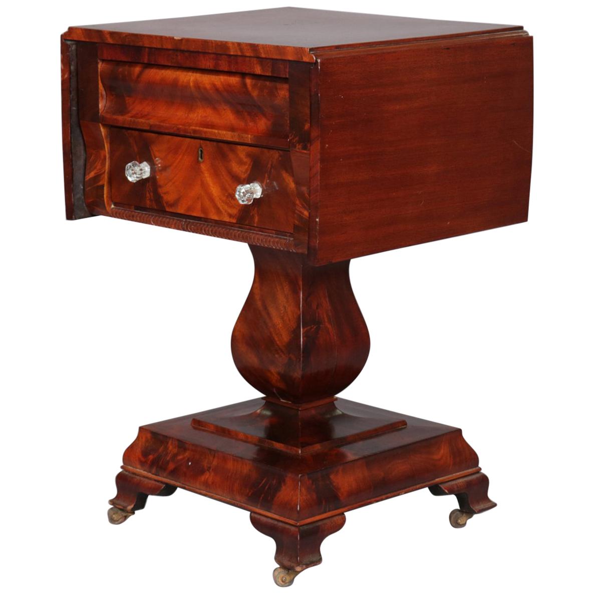 Antique American Empire Flame Mahogany Two-Drawer Drop-Leaf Sewing Stand