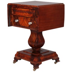 Antique American Empire Flame Mahogany Two-Drawer Drop-Leaf Sewing Stand