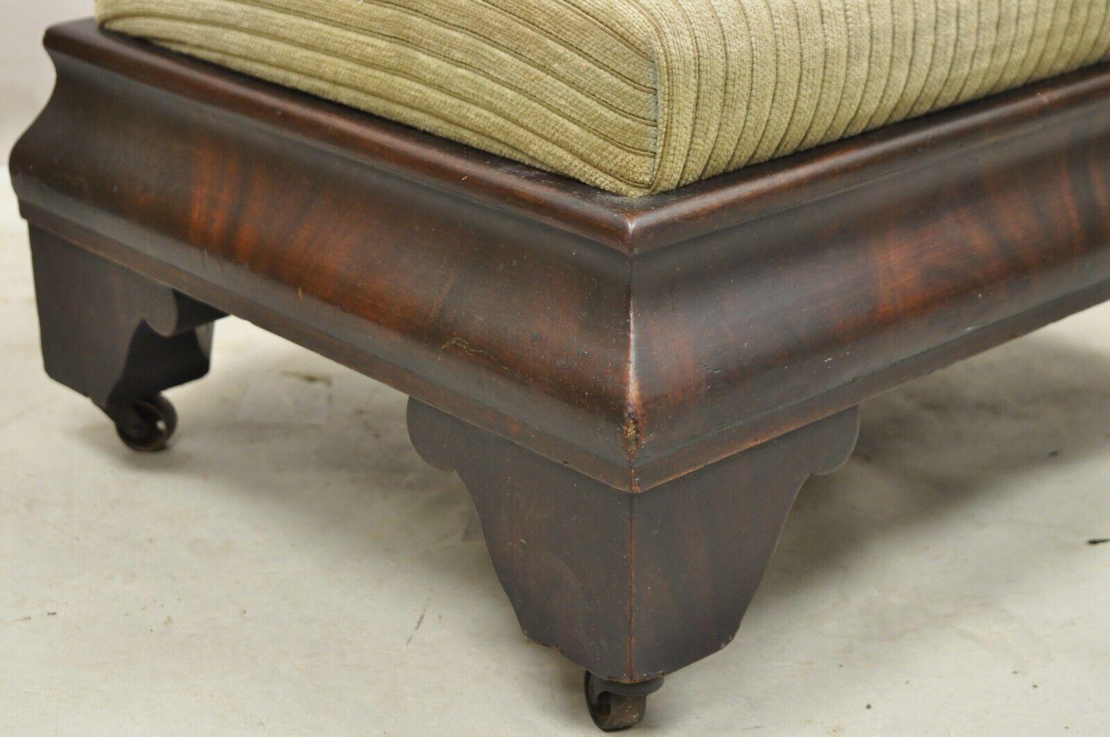 Antique American Empire Flame Mahogany Upholstered Ottoman Footstool on Wheels 6