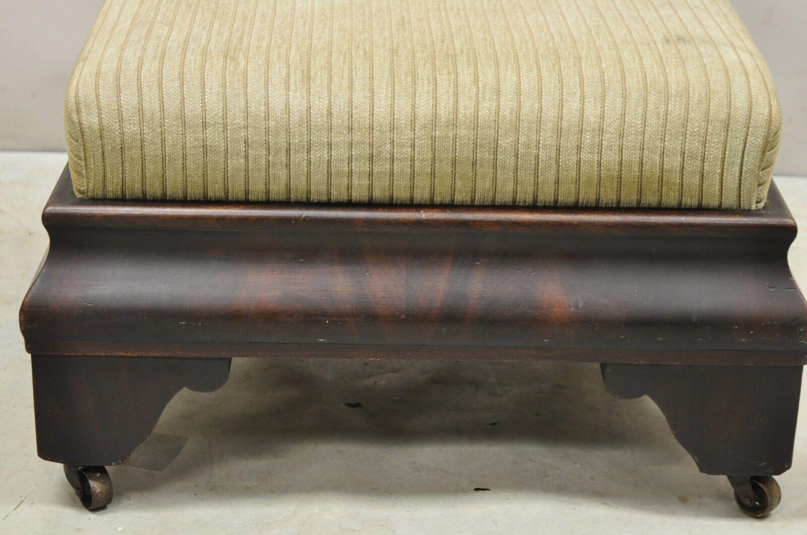 Antique American Empire Flame Mahogany Upholstered Ottoman Footstool on Wheels 7