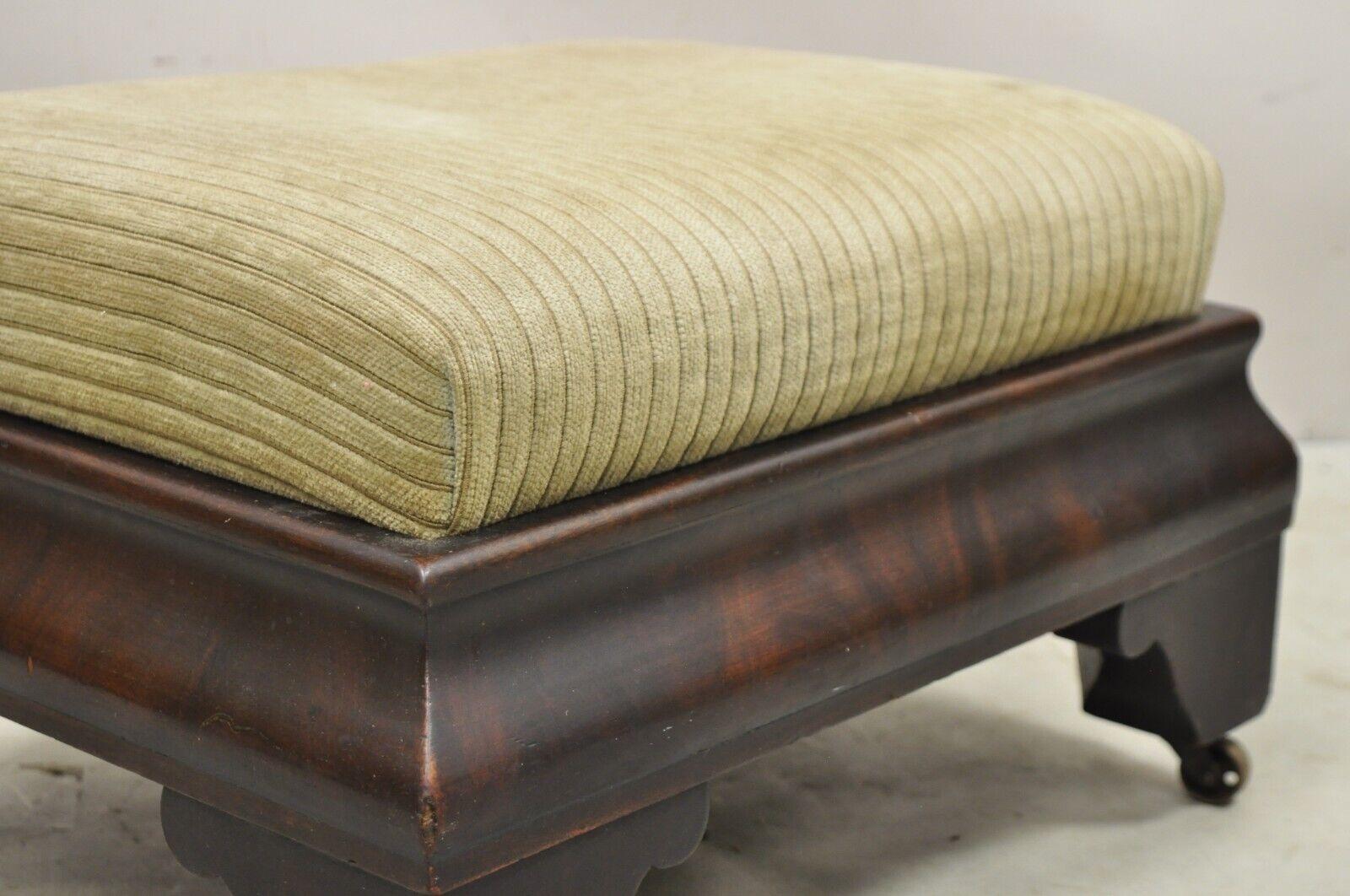 Antique American Empire Flame Mahogany Upholstered Ottoman Footstool on Wheels 2