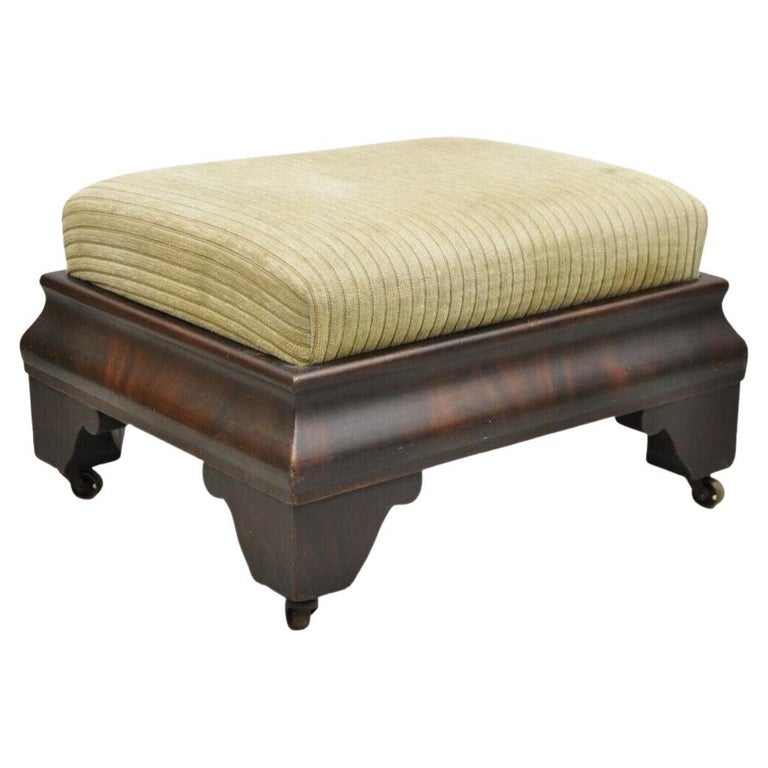 Antique American Empire Flame Mahogany Upholstered Ottoman Footstool on  Wheels For Sale at 1stDibs