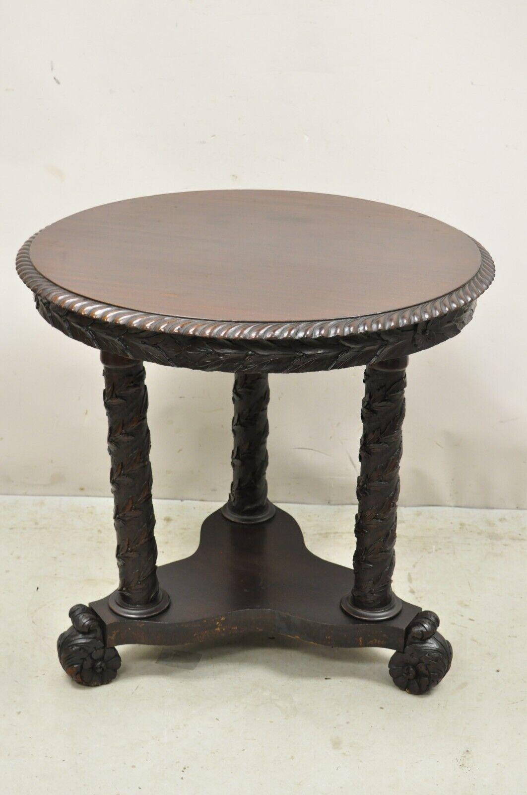 Antique American Empire Floral Spiral Carved Mahogany Round Library Center Table For Sale 3