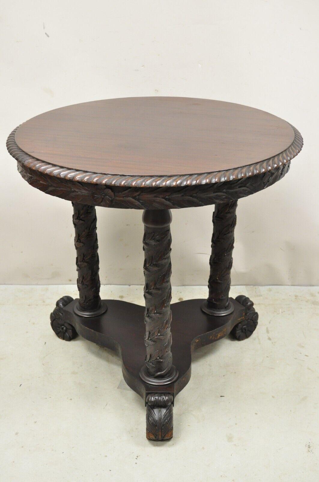 Antique American Empire Floral Spiral Carved Pie Crust Mahogany Round Library Center Table. Circa 19th Century. Measurements: 29
