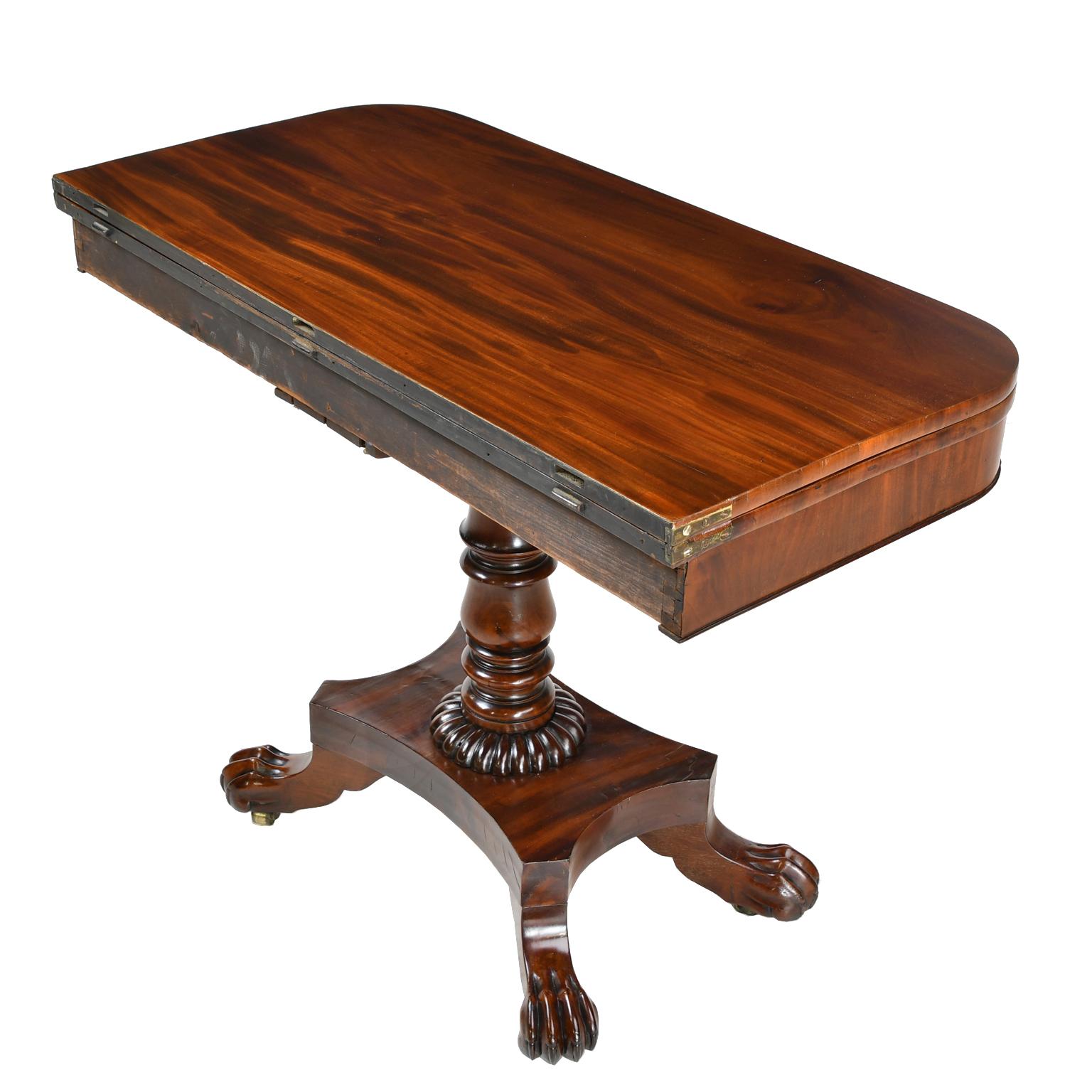 Turned Antique American Empire Game/Card Table in West Indies Mahogany, circa 1830 For Sale