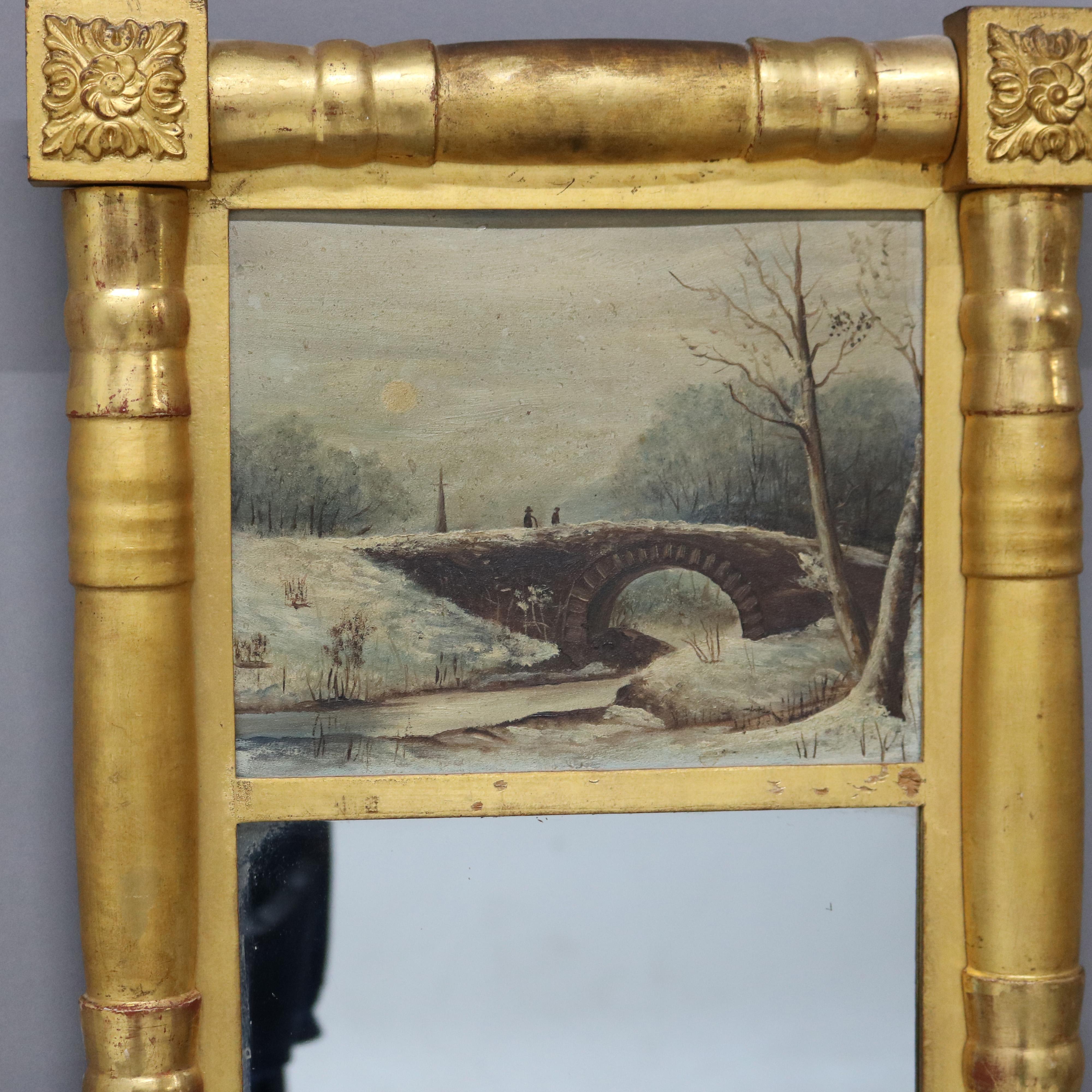 ***Reduced Delivery Rates - See Below or Click “Ask The Seller” to Request a Quote***

Antique American Classical Empire Balustrade Form Giltwood Wall Mirror with Rosette Corners & Oil On Board Landscape Painting C1840

Measures- 31.25''H x 15.5''W