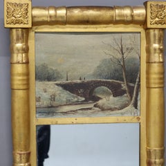Antique American Empire Giltwood Wall Mirror & Oil on Board Landscape Painting