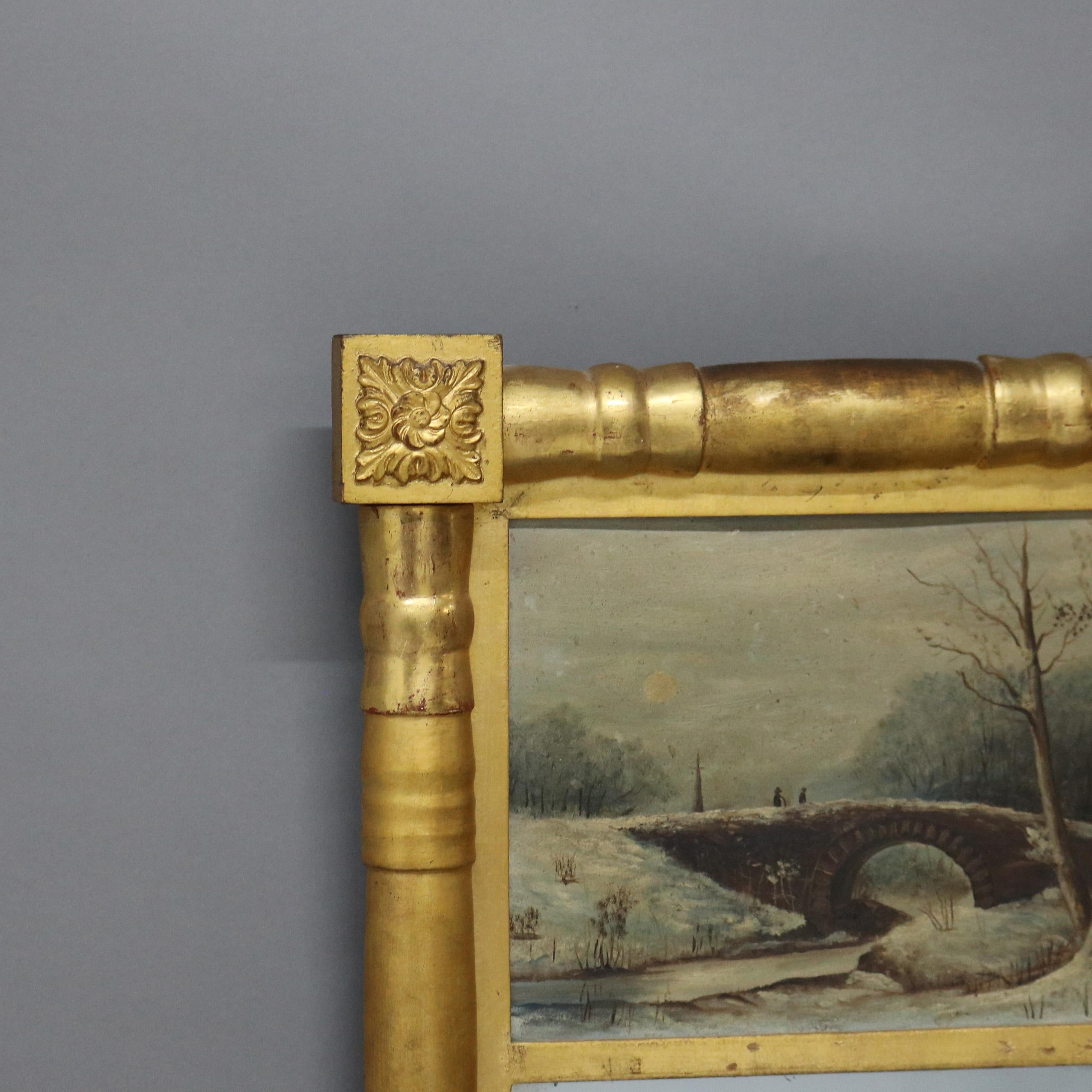 Antique American Empire Giltwood Wall Mirror & Oil on Board Landscape Painting In Good Condition For Sale In Big Flats, NY