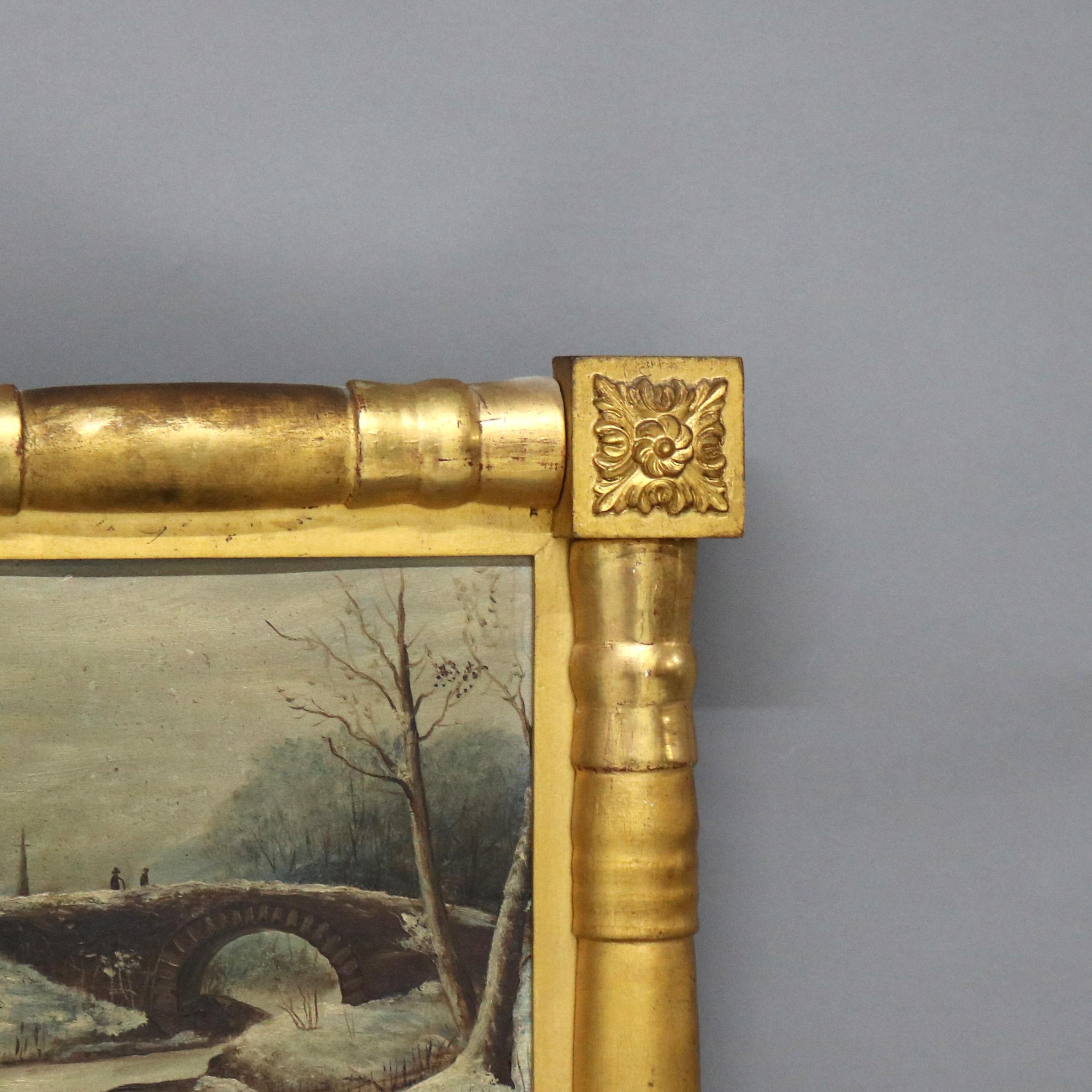 19th Century Antique American Empire Giltwood Wall Mirror & Oil on Board Landscape Painting For Sale