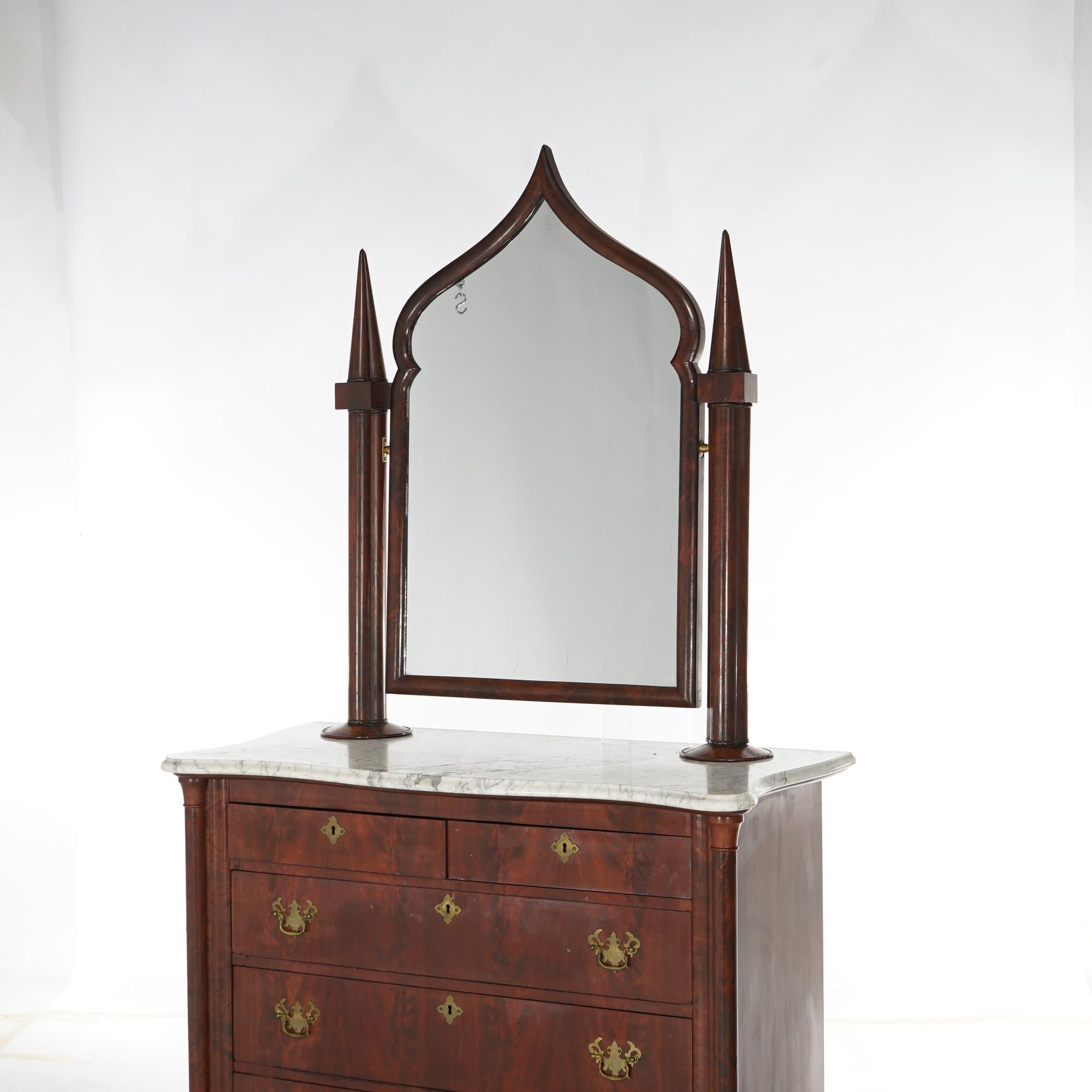 Antique American Empire Gothic Revival Flame Mahogany & Marble Top Dresser c1850 In Good Condition In Big Flats, NY