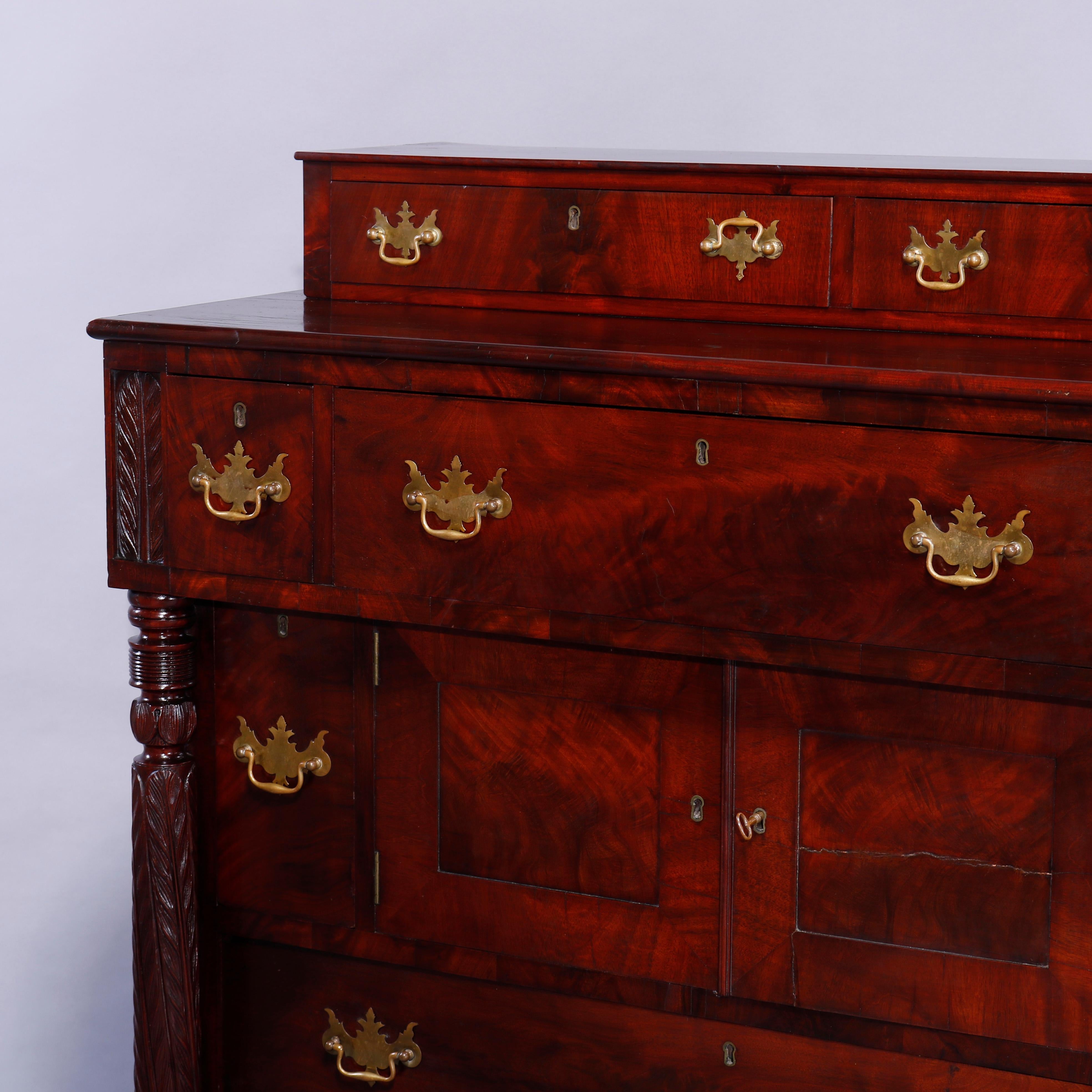 Antique American Empire Grecian Classical Carved Flame Mahogany Sideboard, c1840 1