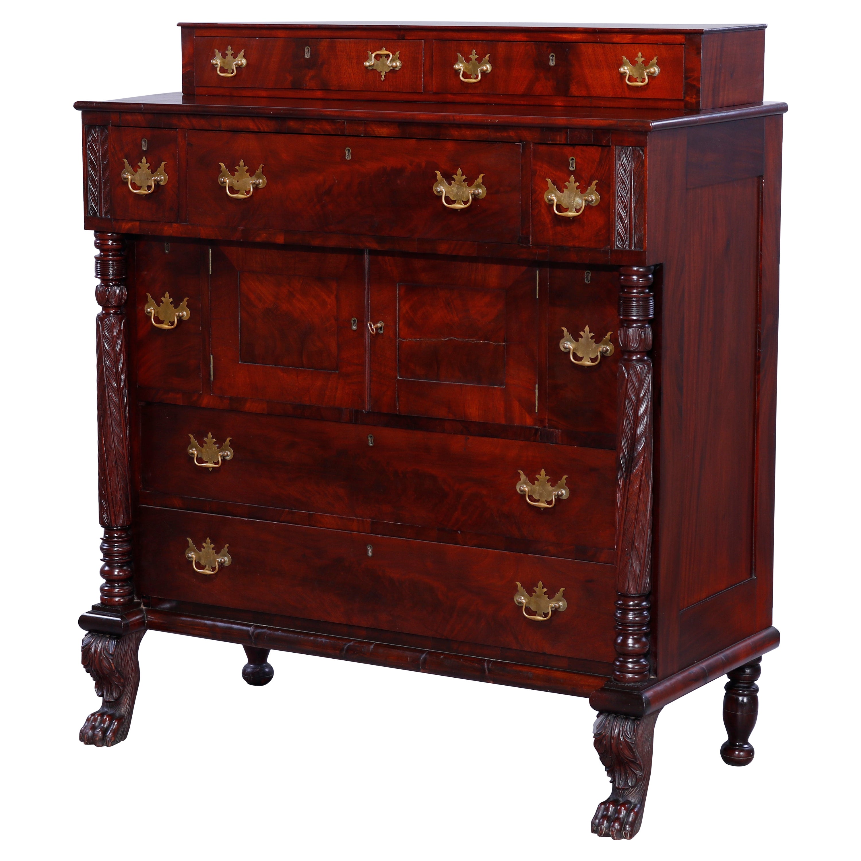 Antique American Empire Grecian Classical Carved Flame Mahogany Sideboard, c1840