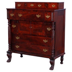 Antique American Empire Grecian Classical Carved Flame Mahogany Sideboard, c1840