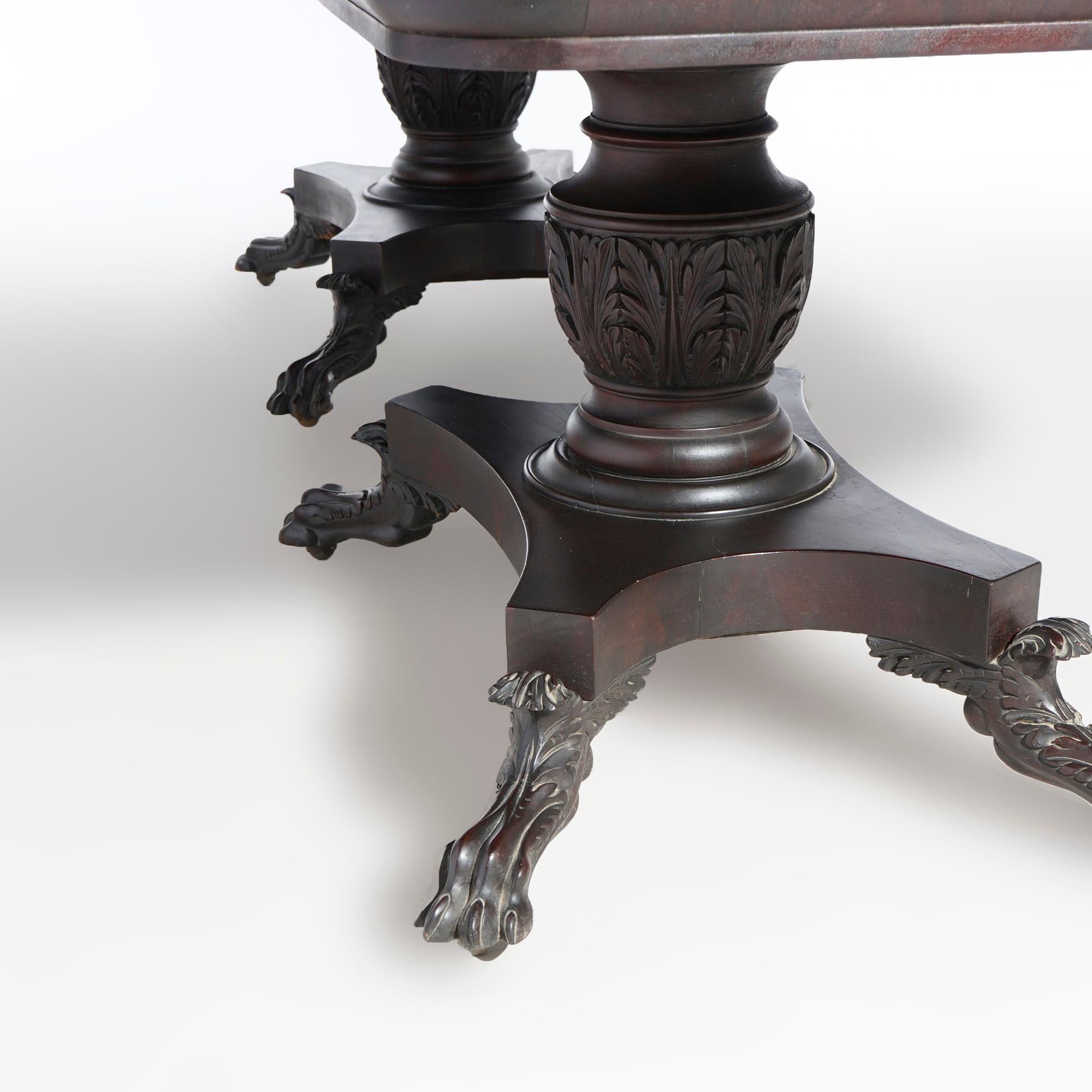Antique American Empire Greco Flame Mahogany Double Pedestal Banquet Table c1840 For Sale 13