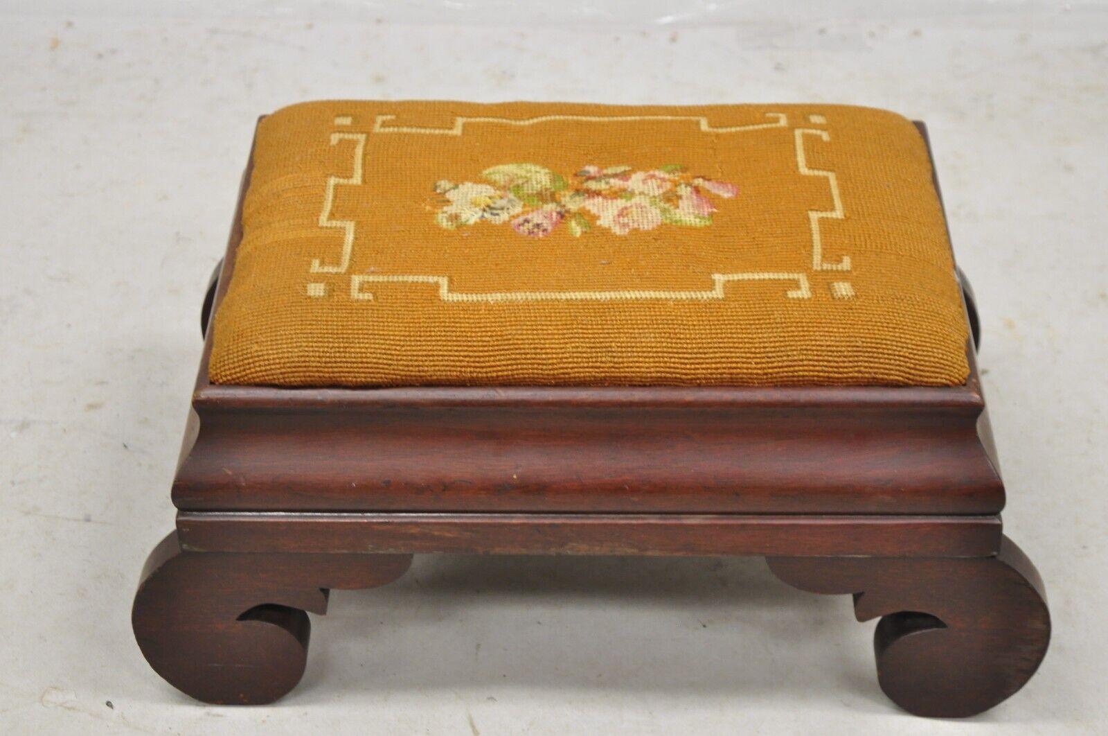 Antique American Empire Mahogany Brown Floral Needlepoint Footstool Ottoman 6