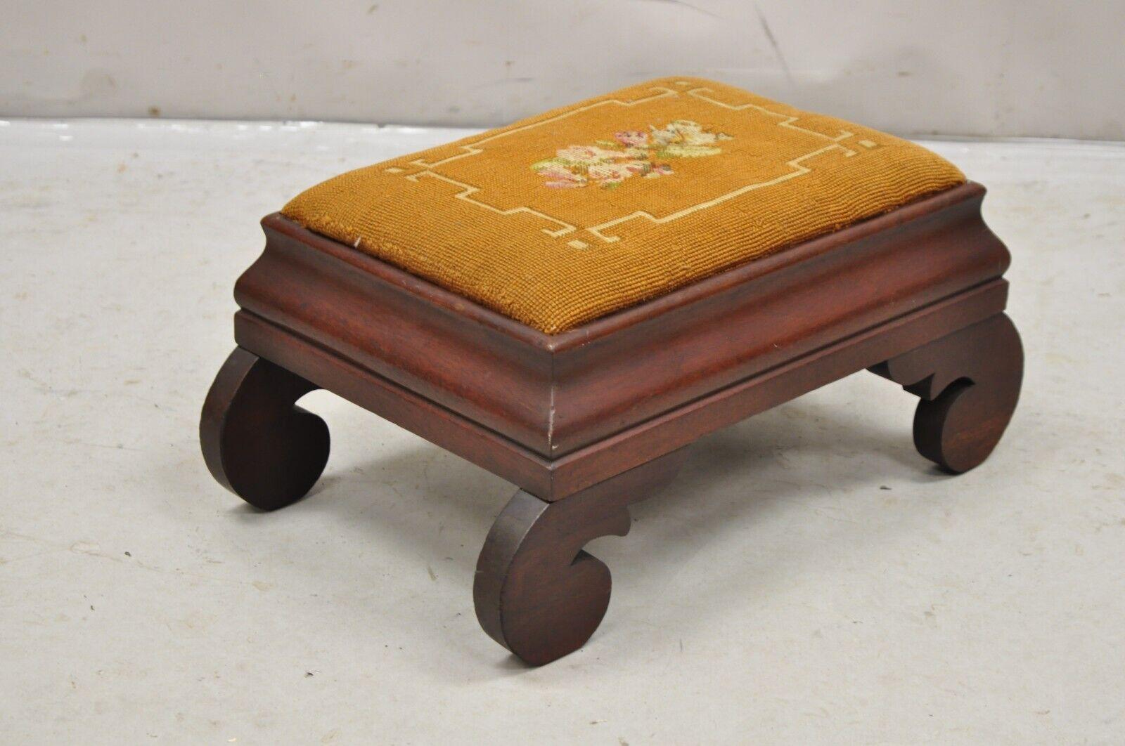Antique American Empire Mahogany Brown Floral Needlepoint Footstool Ottoman. Circa Late 19th Century. Measurements: 9.5