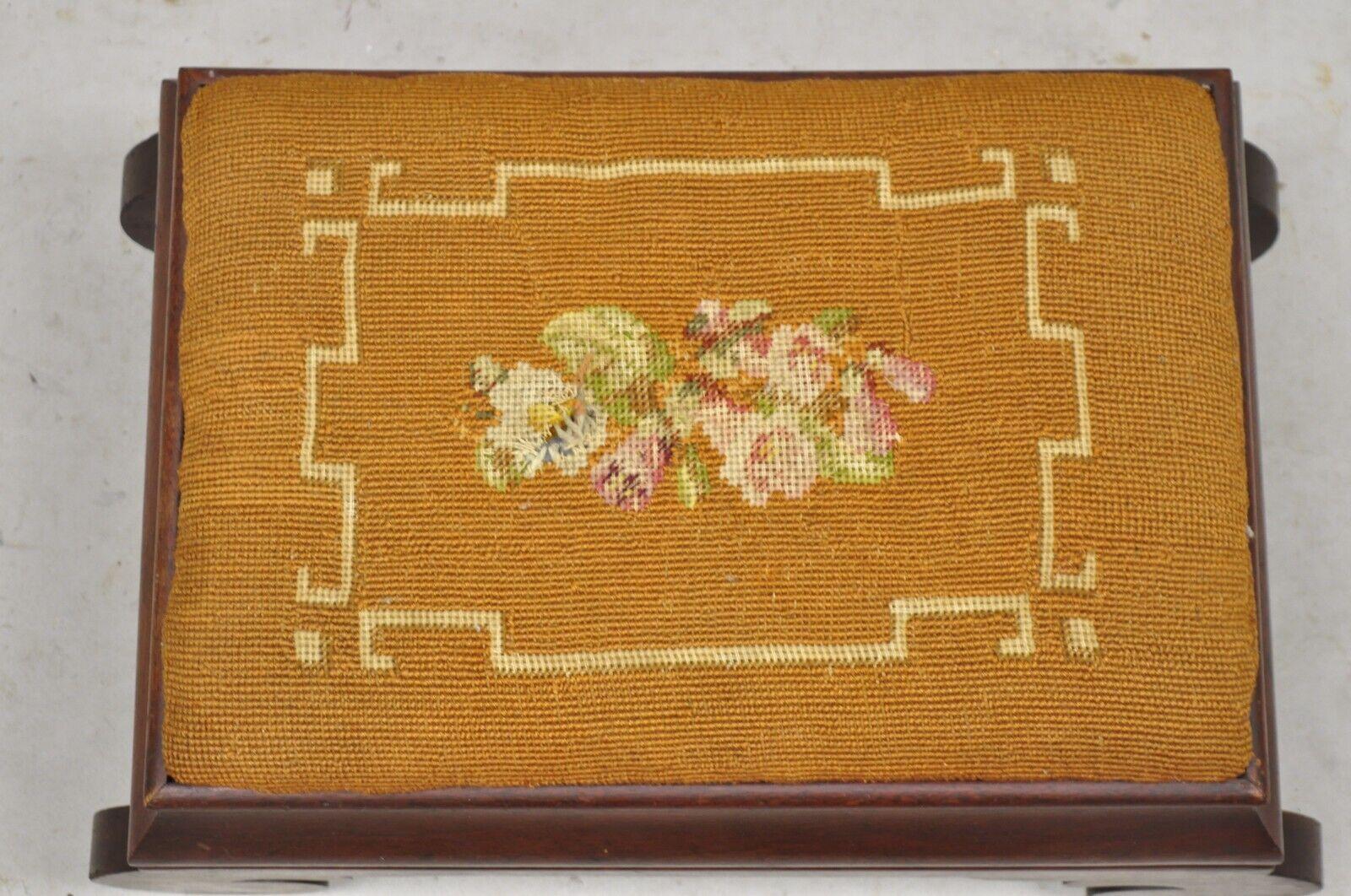 19th Century Antique American Empire Mahogany Brown Floral Needlepoint Footstool Ottoman