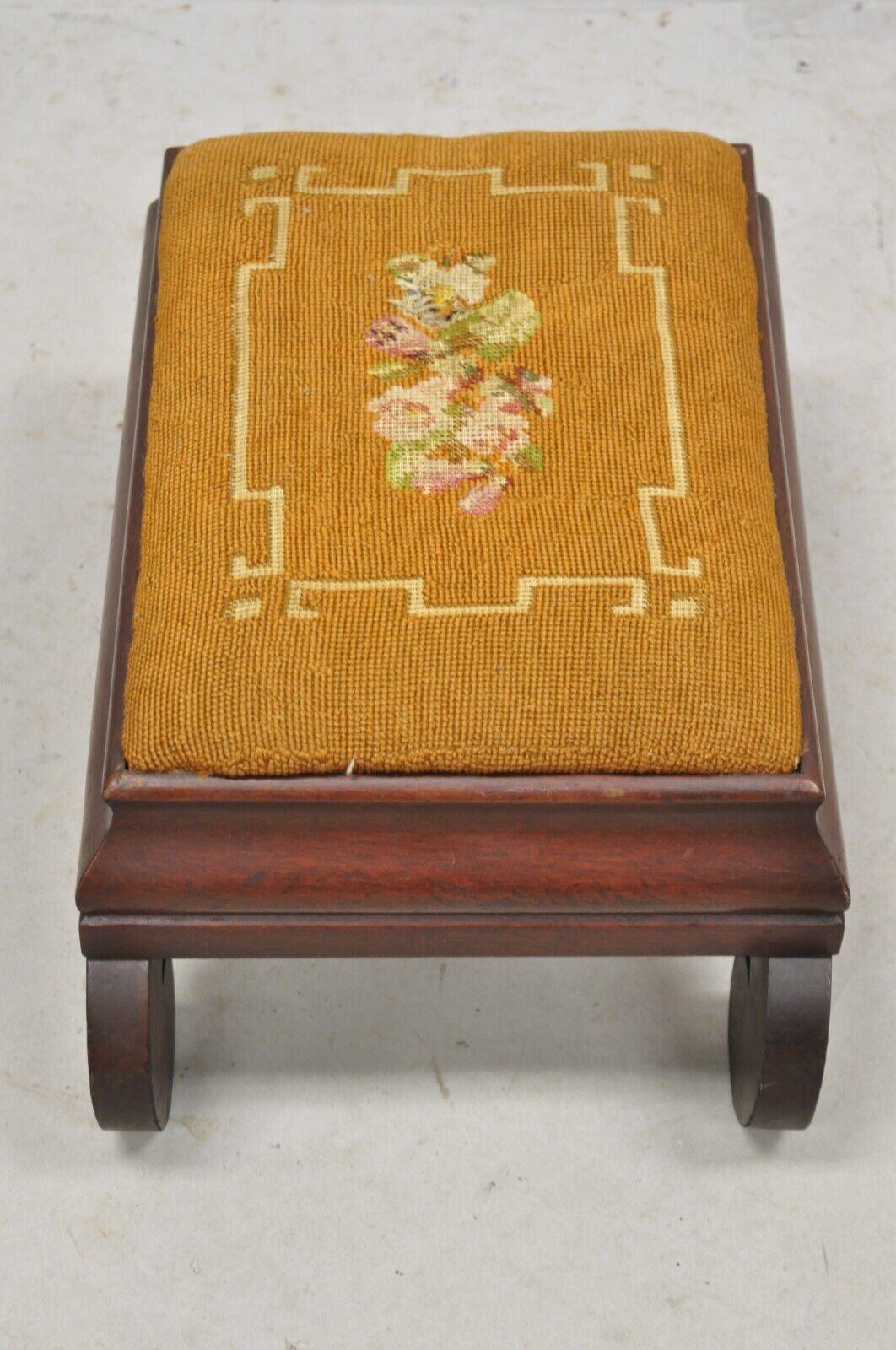 Antique American Empire Mahogany Brown Floral Needlepoint Footstool Ottoman 5