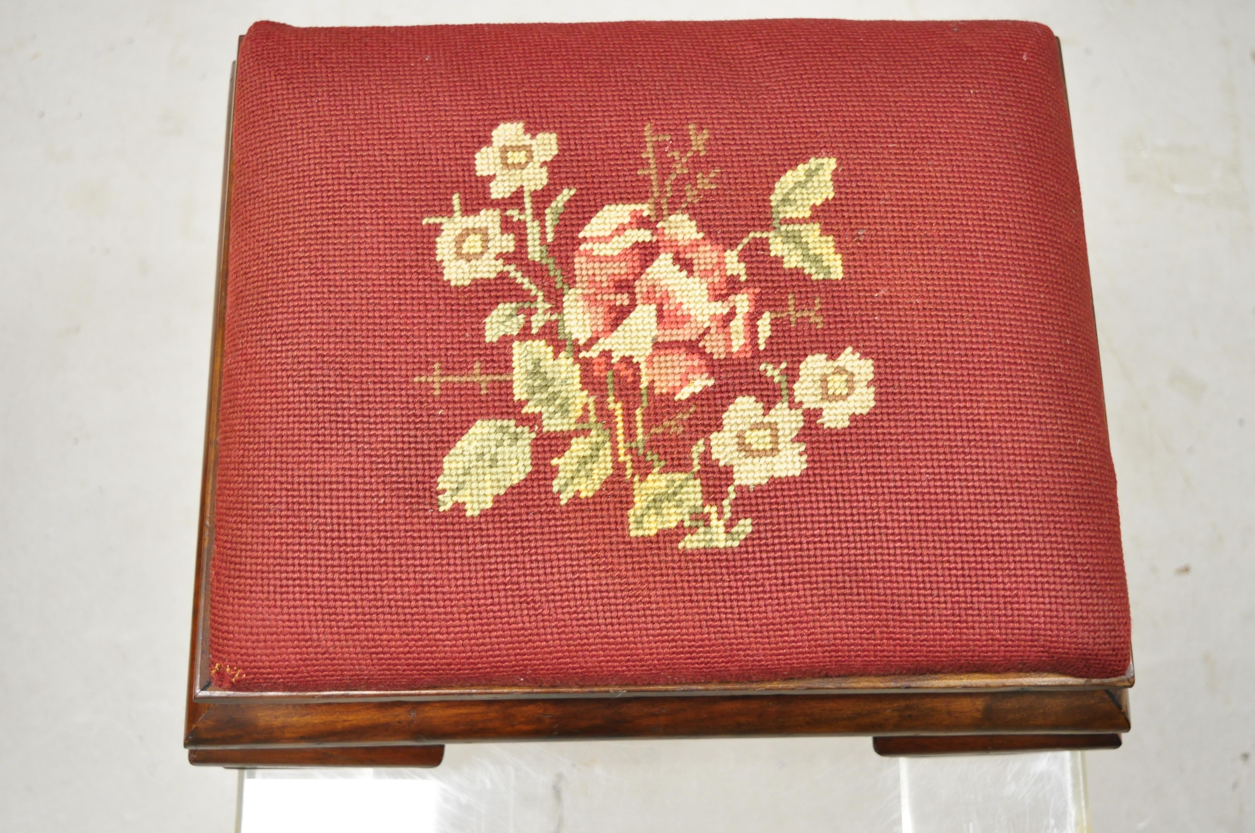 Antique American Empire mahogany burgundy flower needlepoint small ottoman footstool. Item features solid wood construction, beautiful wood grain, very nice antique item, quality American craftsmanship, circa 19th century. Measurements: 6