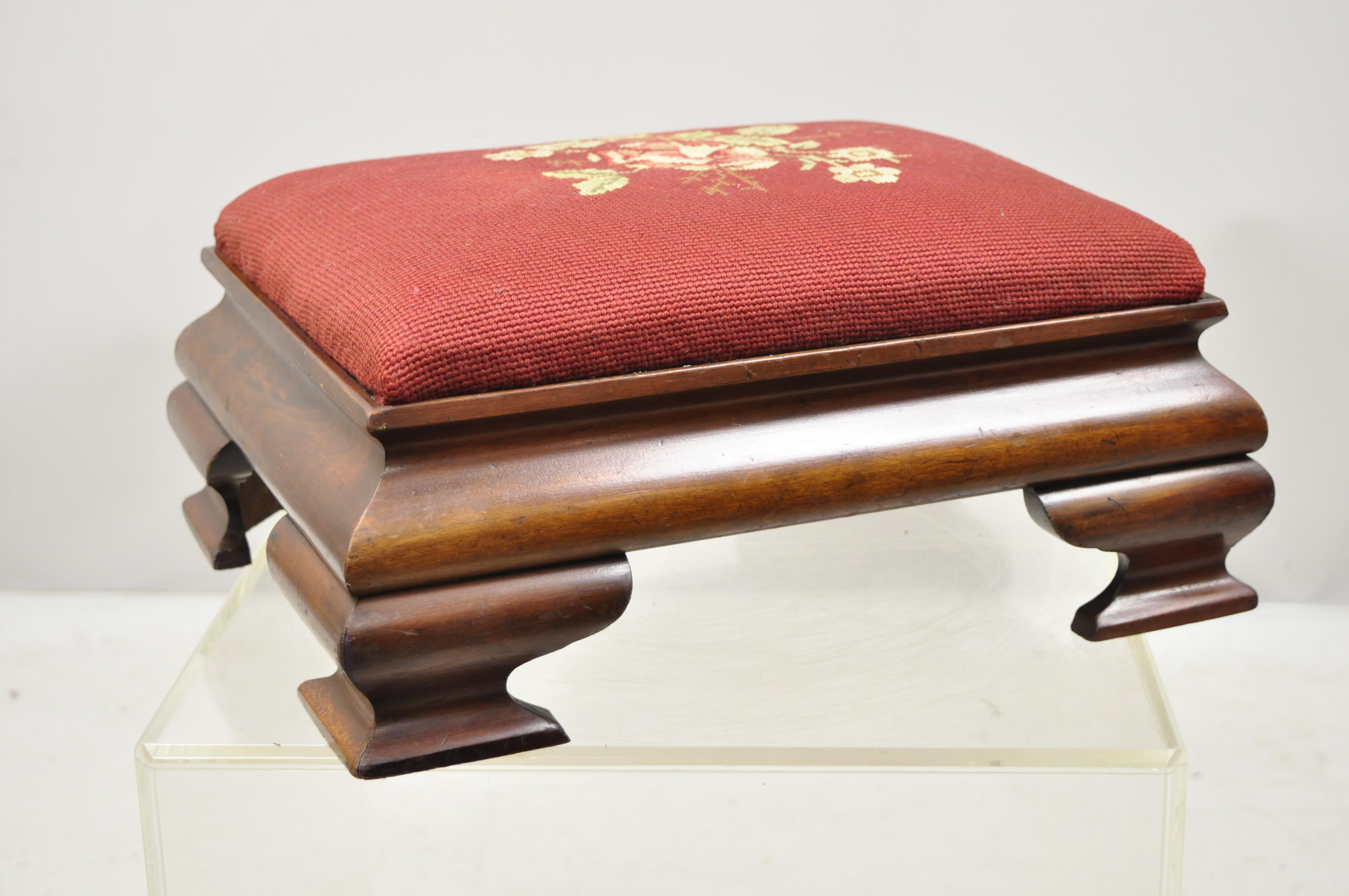 North American Antique American Empire Mahogany Burgundy Flower Needlepoint Small Ottoman