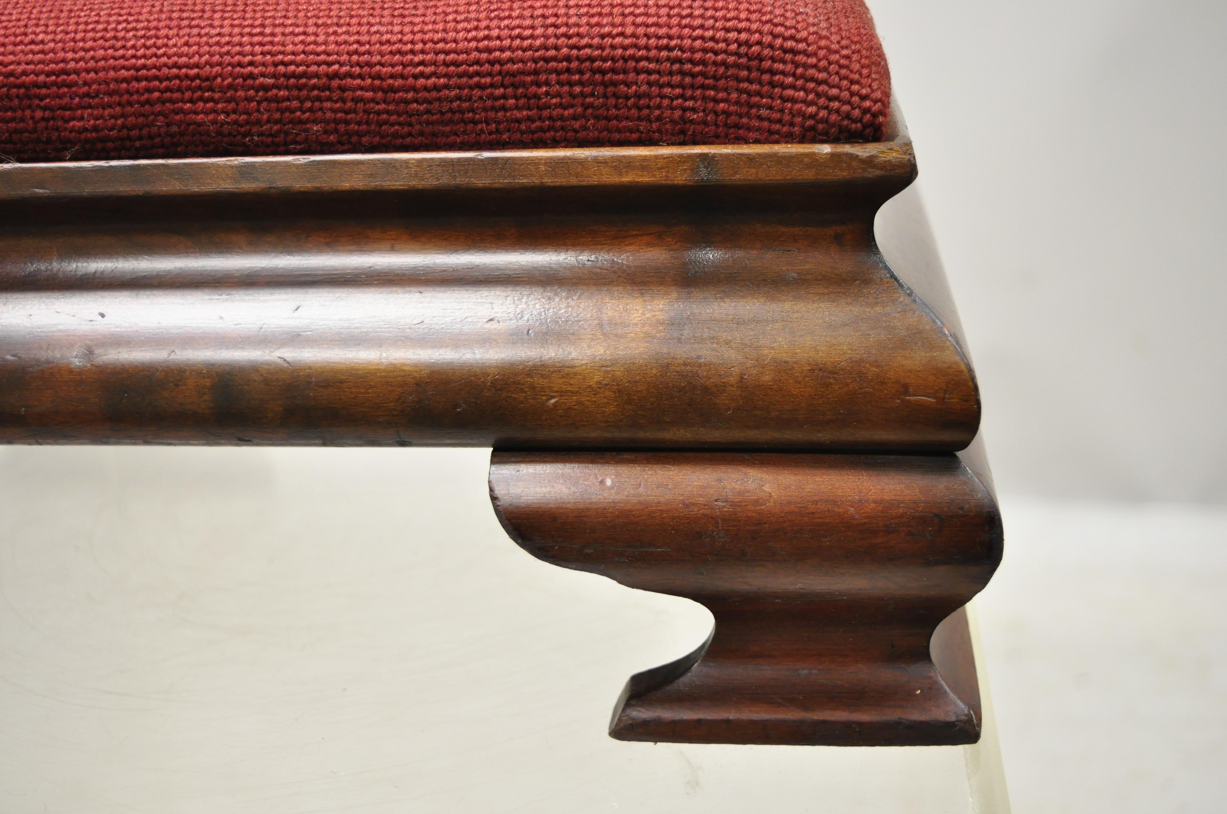 Antique American Empire Mahogany Burgundy Flower Needlepoint Small Ottoman 1