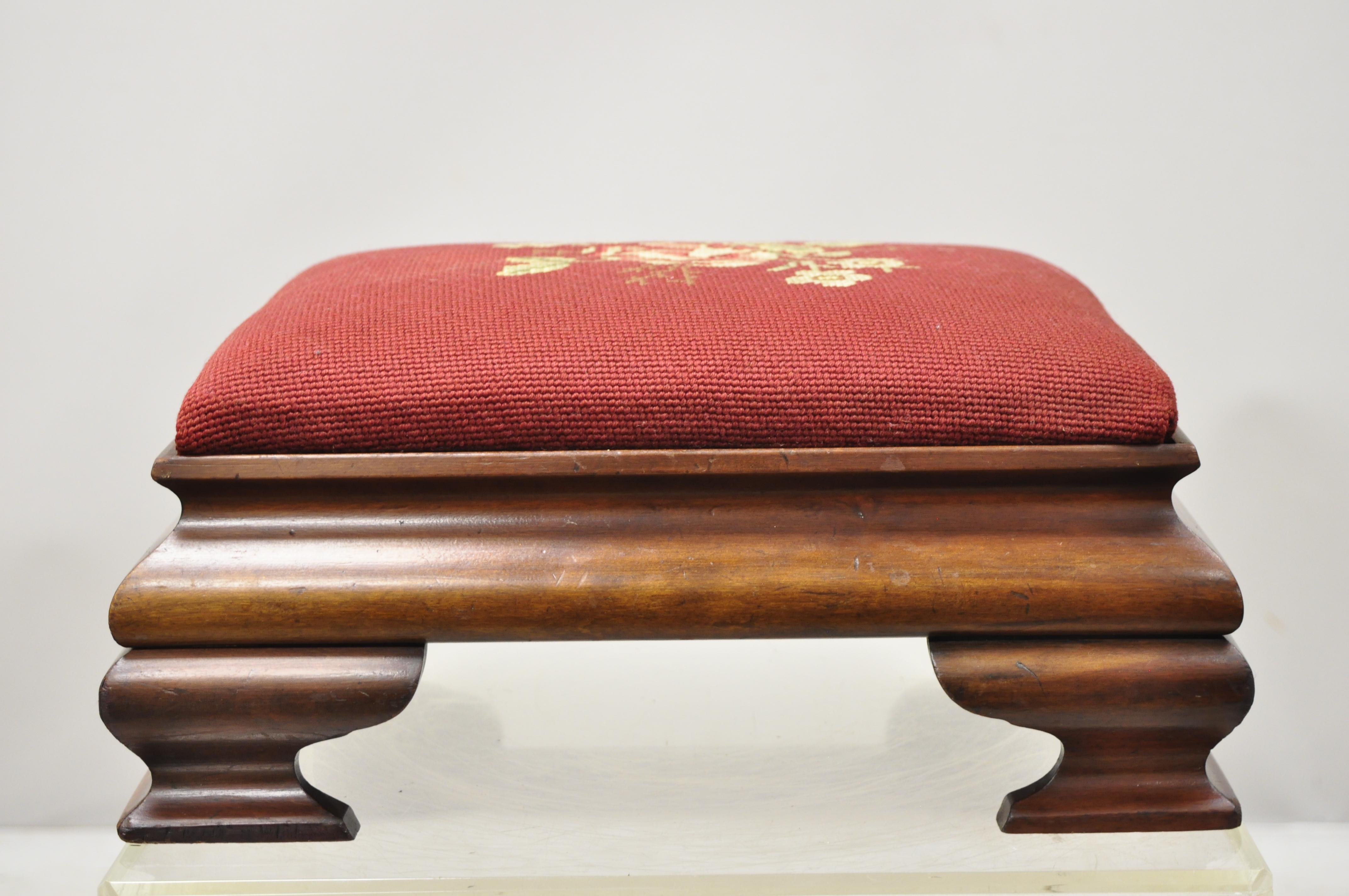Antique American Empire Mahogany Burgundy Flower Needlepoint Small Ottoman 3