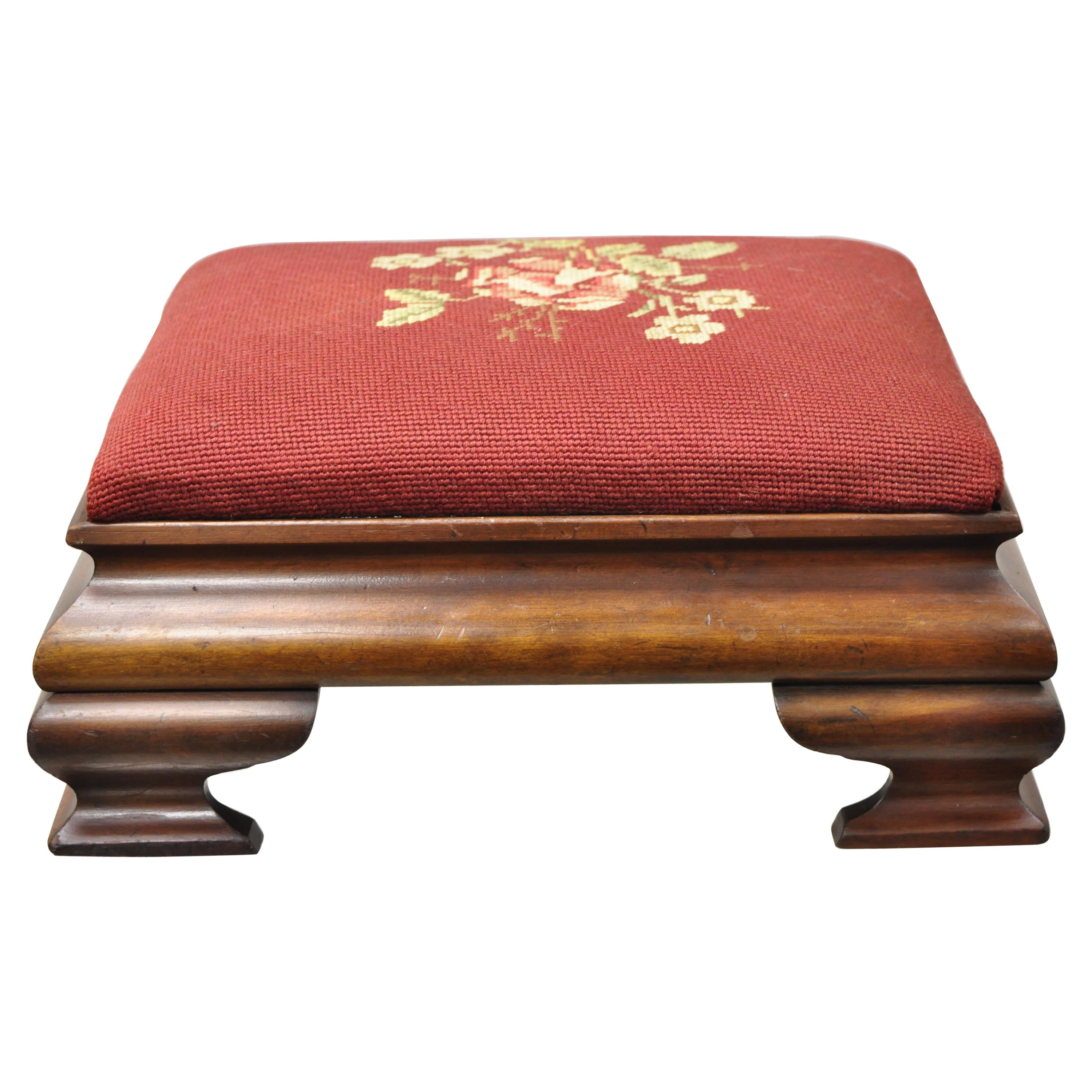 Antique American Empire Mahogany Burgundy Flower Needlepoint Small Ottoman