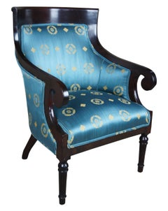Antique American Empire Mahogany Club Chair Scroll Arm Accent Scalamandre Tub
