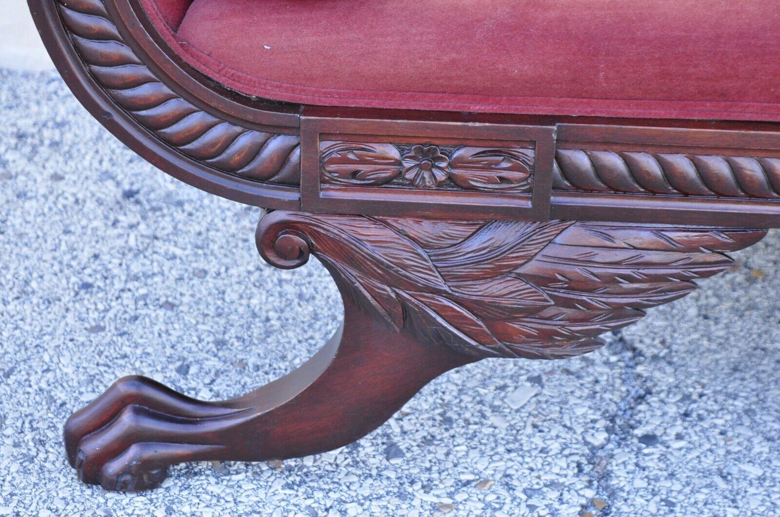 Antique American Empire Mahogany Frame Carved Paw Feet Scroll Arm Sofa 5