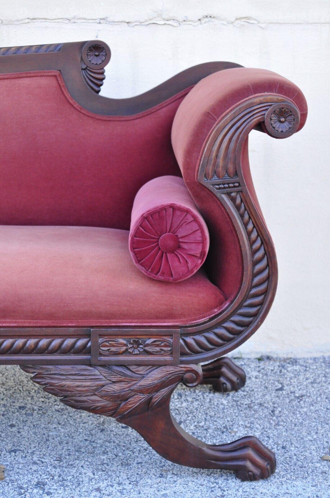 Antique American Empire Mahogany Frame Carved Paw Feet Scroll Arm Sofa In Good Condition In Philadelphia, PA