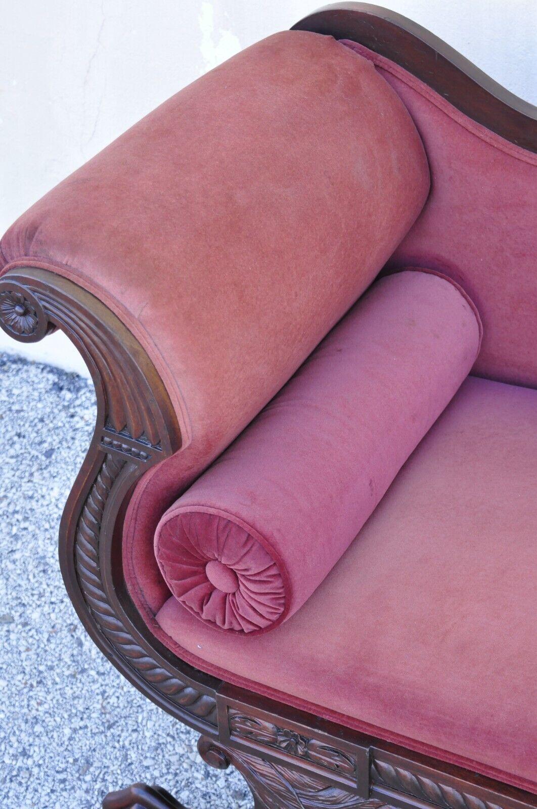Mohair Antique American Empire Mahogany Frame Carved Paw Feet Scroll Arm Sofa