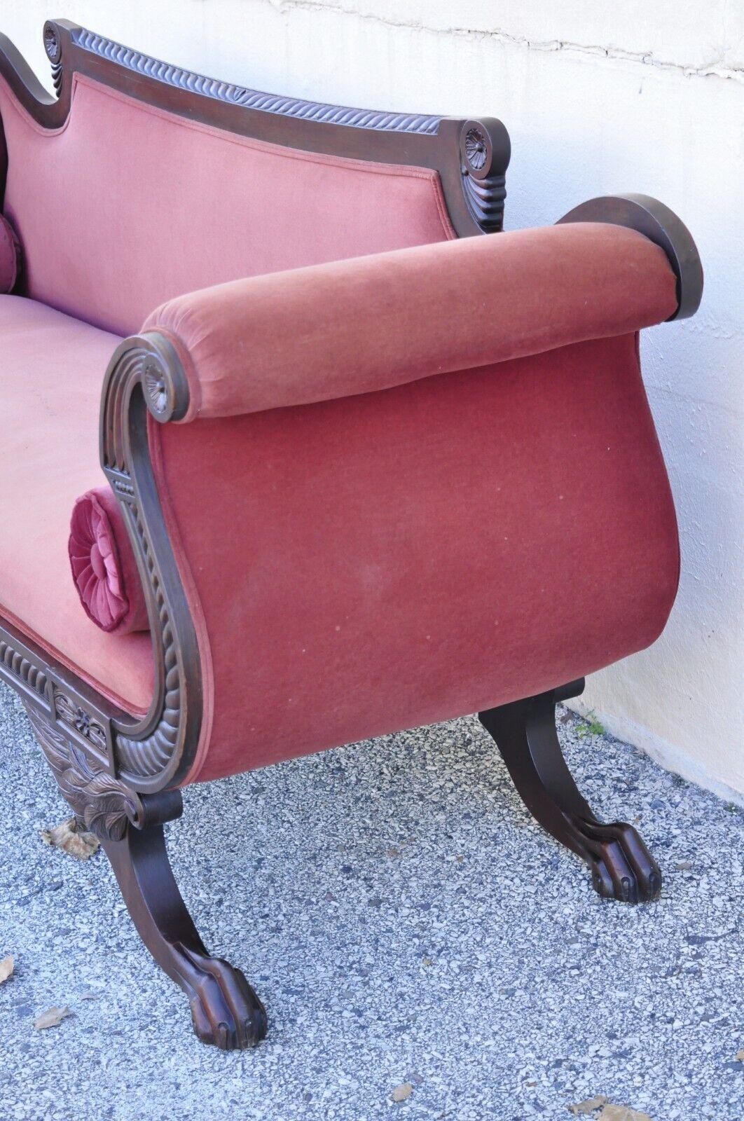 Antique American Empire Mahogany Frame Carved Paw Feet Scroll Arm Sofa