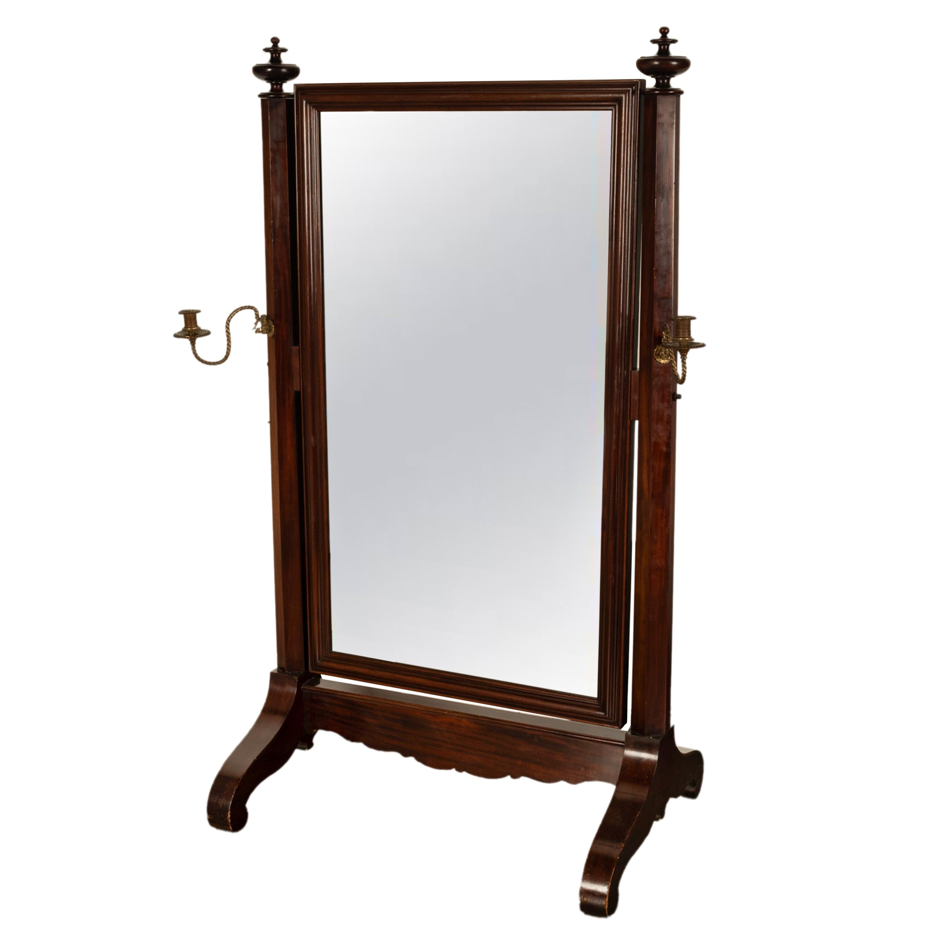 Antique American Empire Mahogany Full Length Cheval Mirror Candle Sconces 1830 In Good Condition In Portland, OR