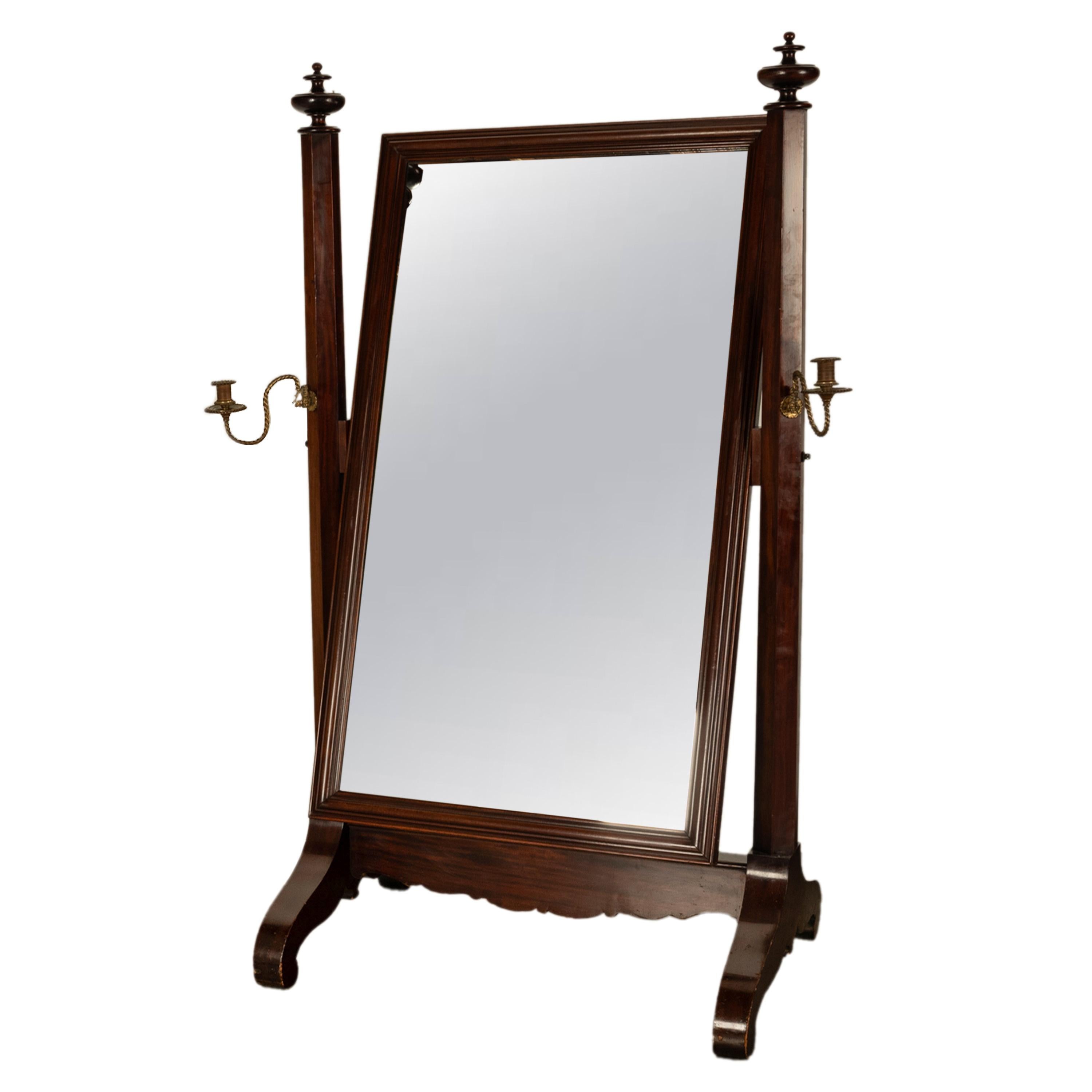 Mid-19th Century Antique American Empire Mahogany Full Length Cheval Mirror Candle Sconces 1830