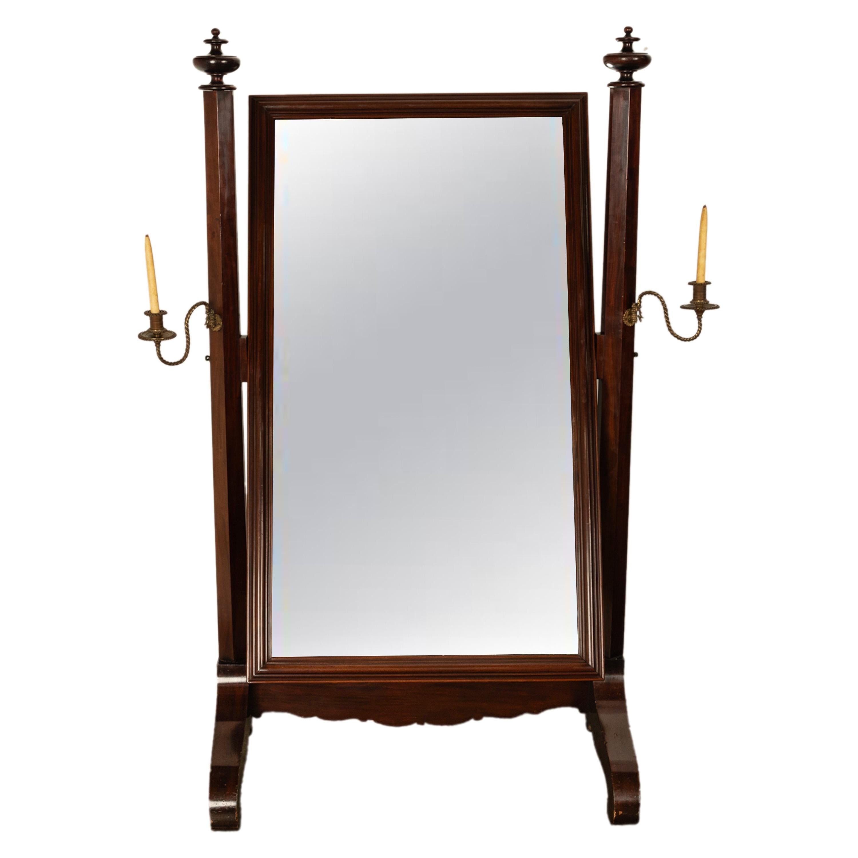 Antique American Empire Mahogany Full Length Cheval Mirror Candle Sconces 1830 2
