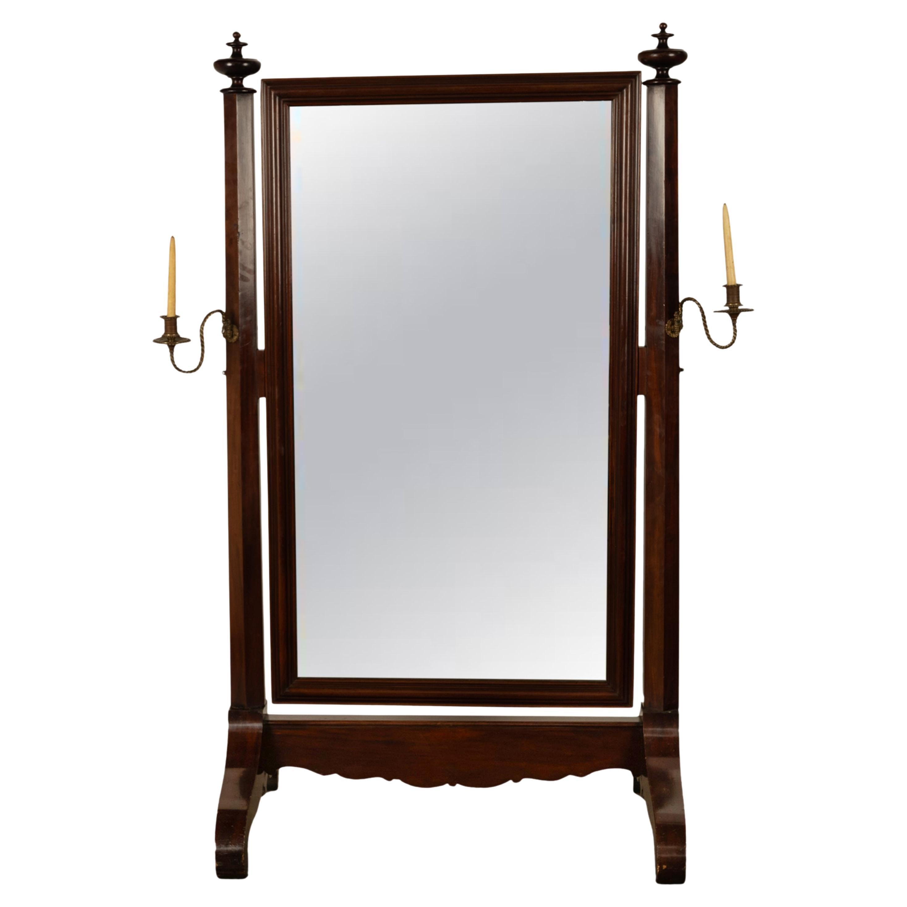 Antique American Empire Mahogany Full Length Cheval Mirror Candle Sconces 1830