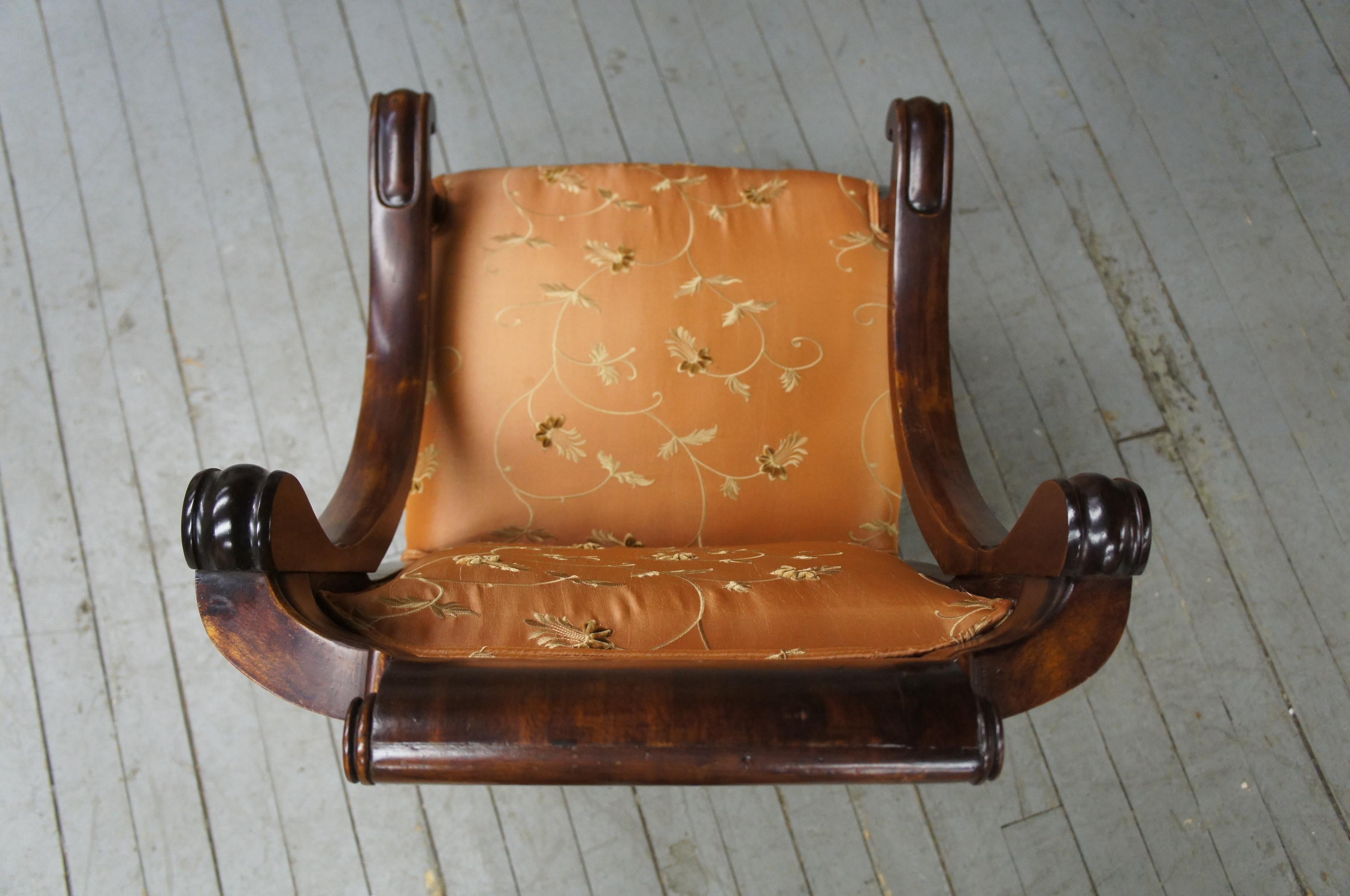 Silk Antique American Empire Mahogany Parlor Club Library Chair Paw Foot Scrolled