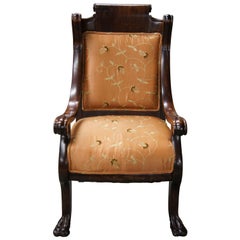 Antique American Empire Mahogany Parlor Club Library Chair Paw Foot Scroll