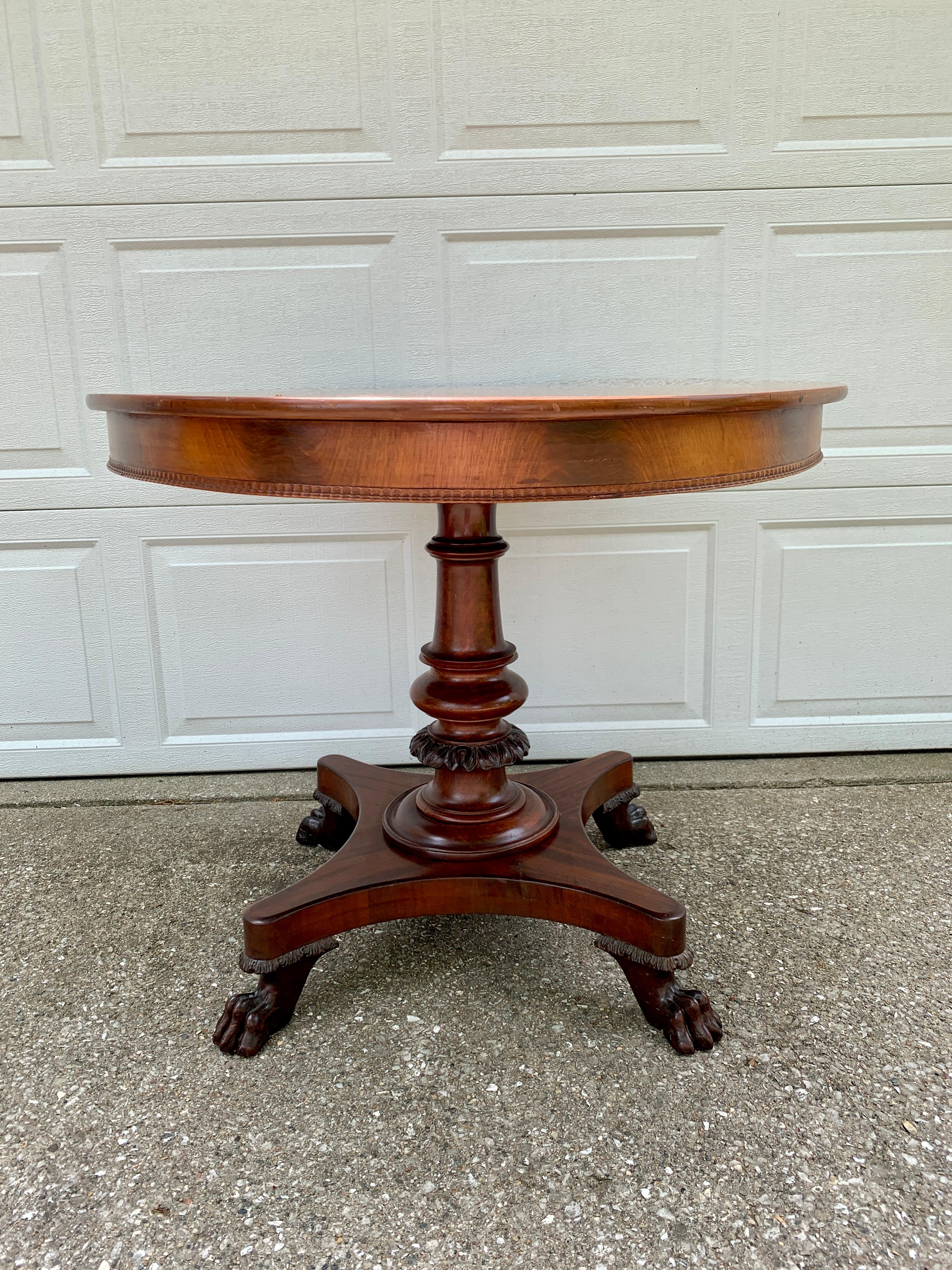 Antique American Empire Mahogany Paw Foot Pedestal Center Table For Sale 6