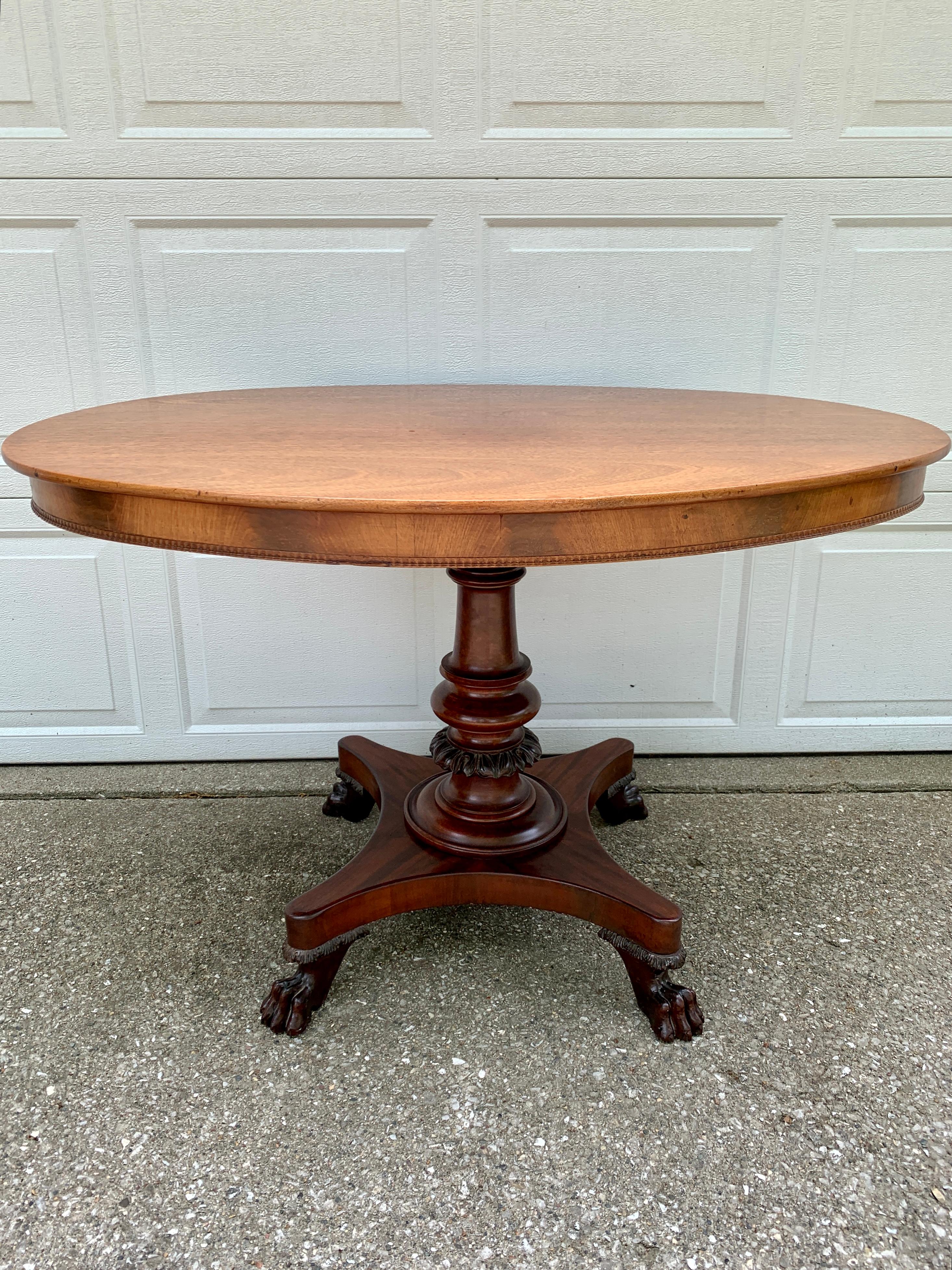 Antique American Empire Mahogany Paw Foot Pedestal Center Table For Sale 7