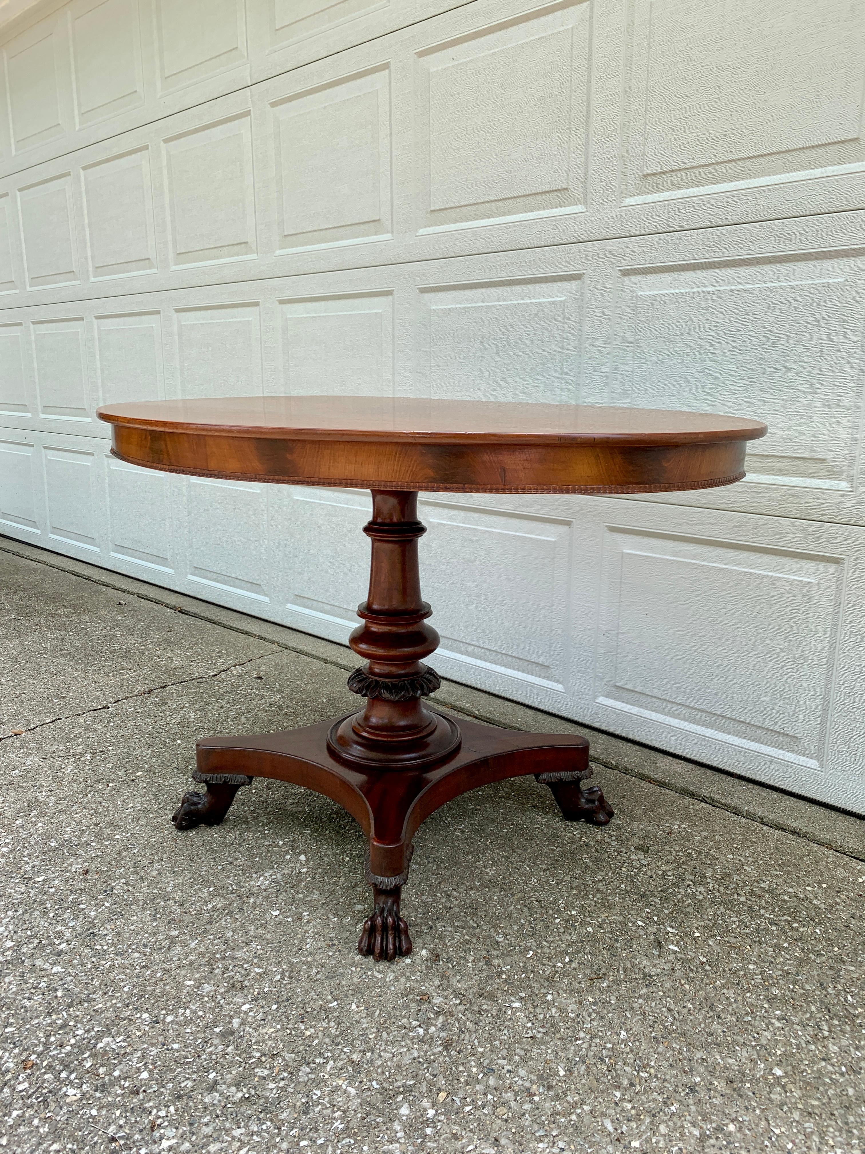 19th Century Antique American Empire Mahogany Paw Foot Pedestal Center Table For Sale